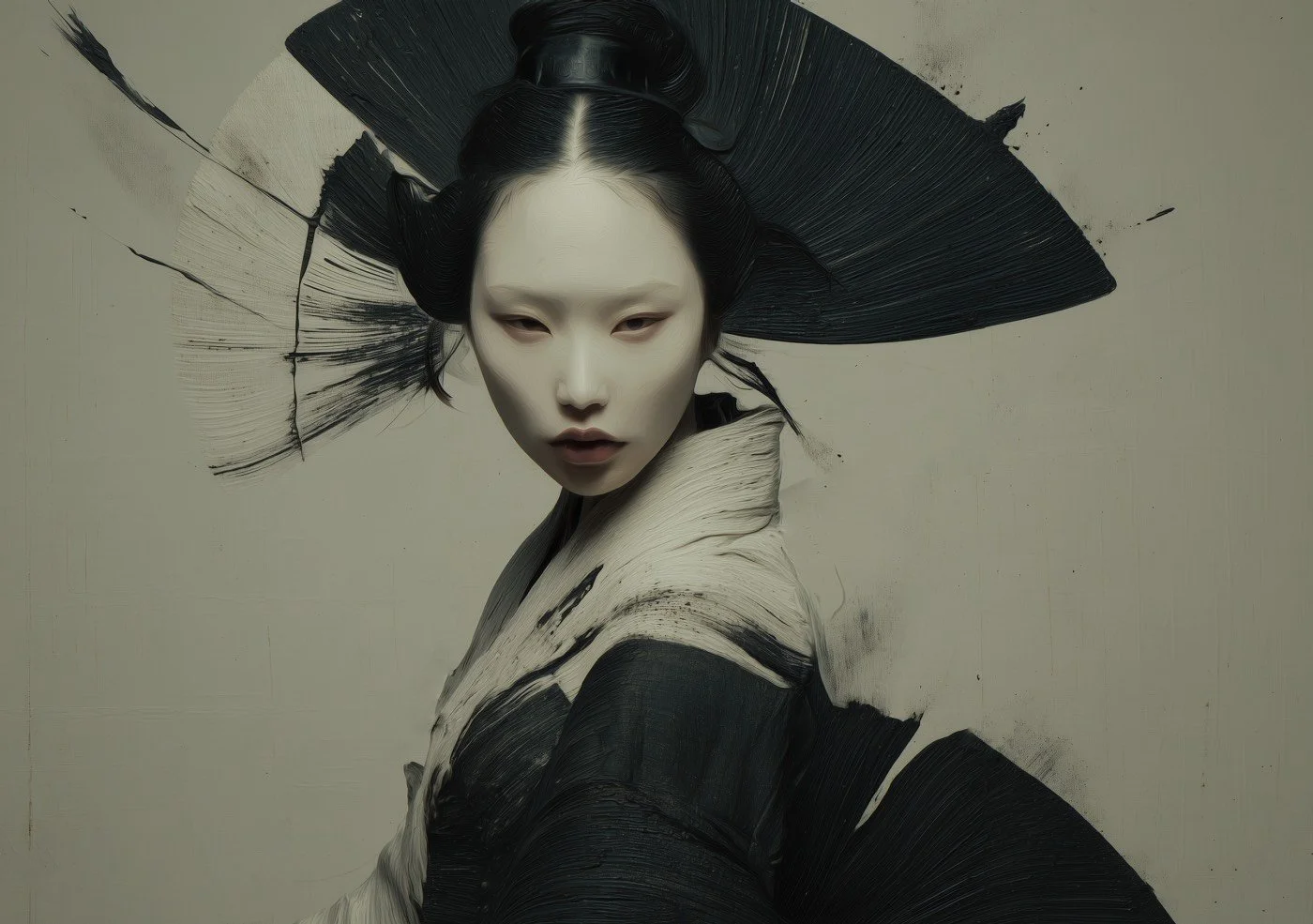A woman with traditional Asian makeup and hairstyle, wearing a black and white kimono-style outfit, with artistic black brushstroke elements in the background.