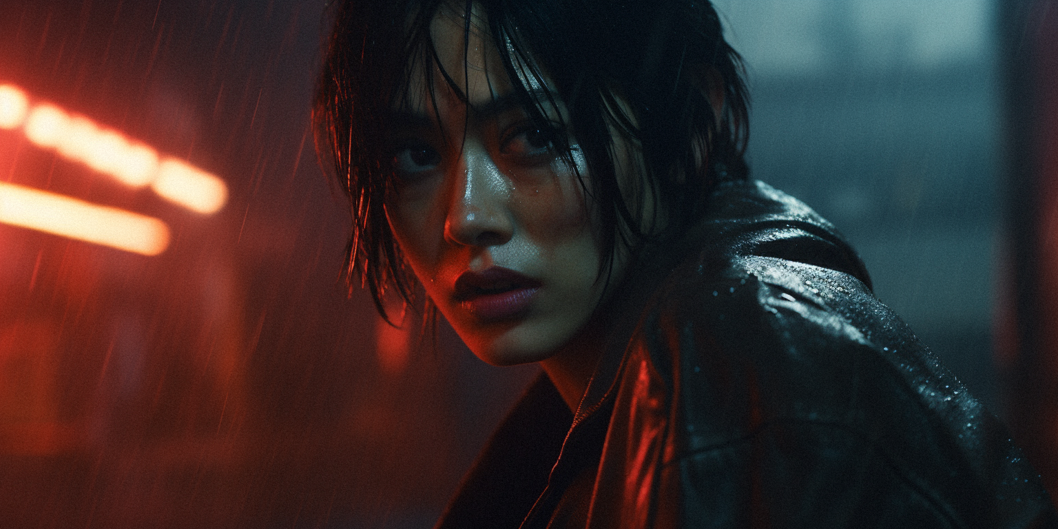 A woman with wet hair and dark makeup in a rain-soaked environment, illuminated by red and blue neon lights.