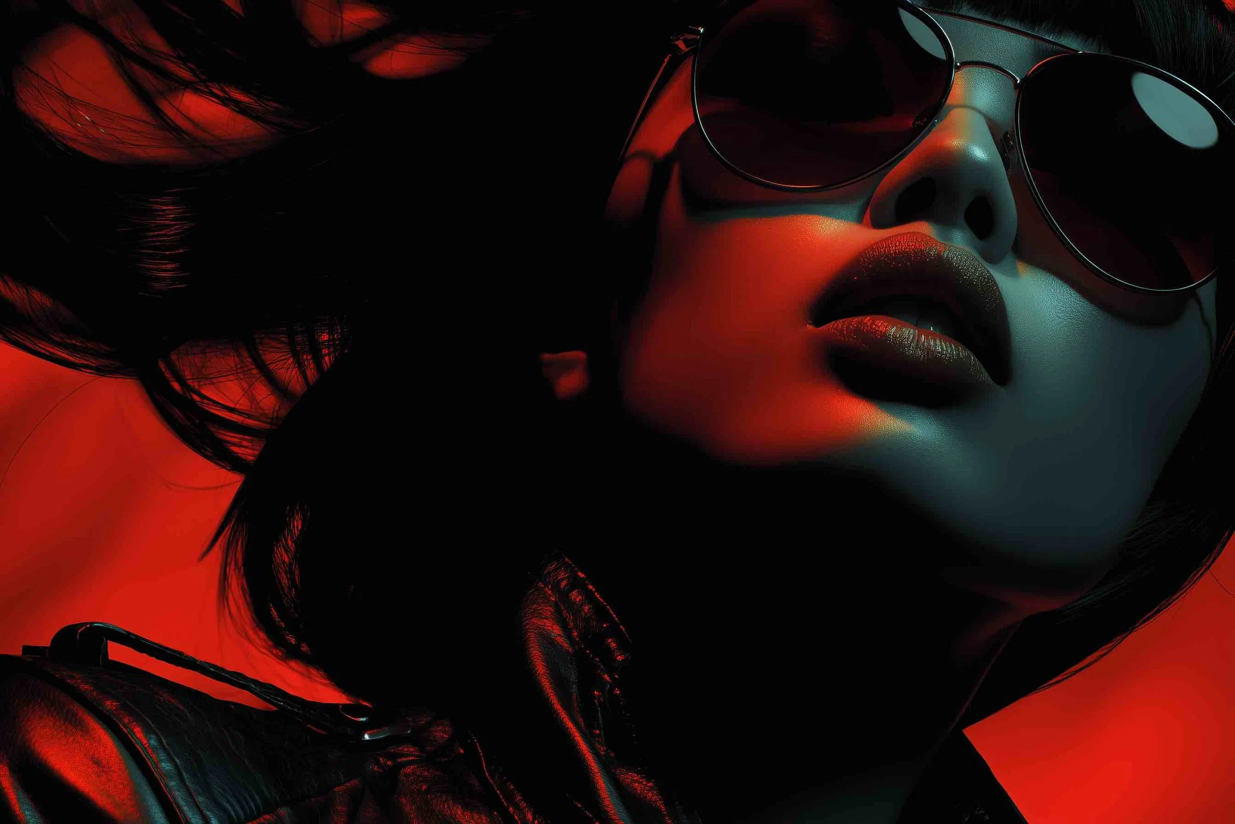 Close-up of a woman's face wearing dark sunglasses with red tint, lips slightly parted, and dark hair. The image has a dark, dramatic lighting with red and teal hues.