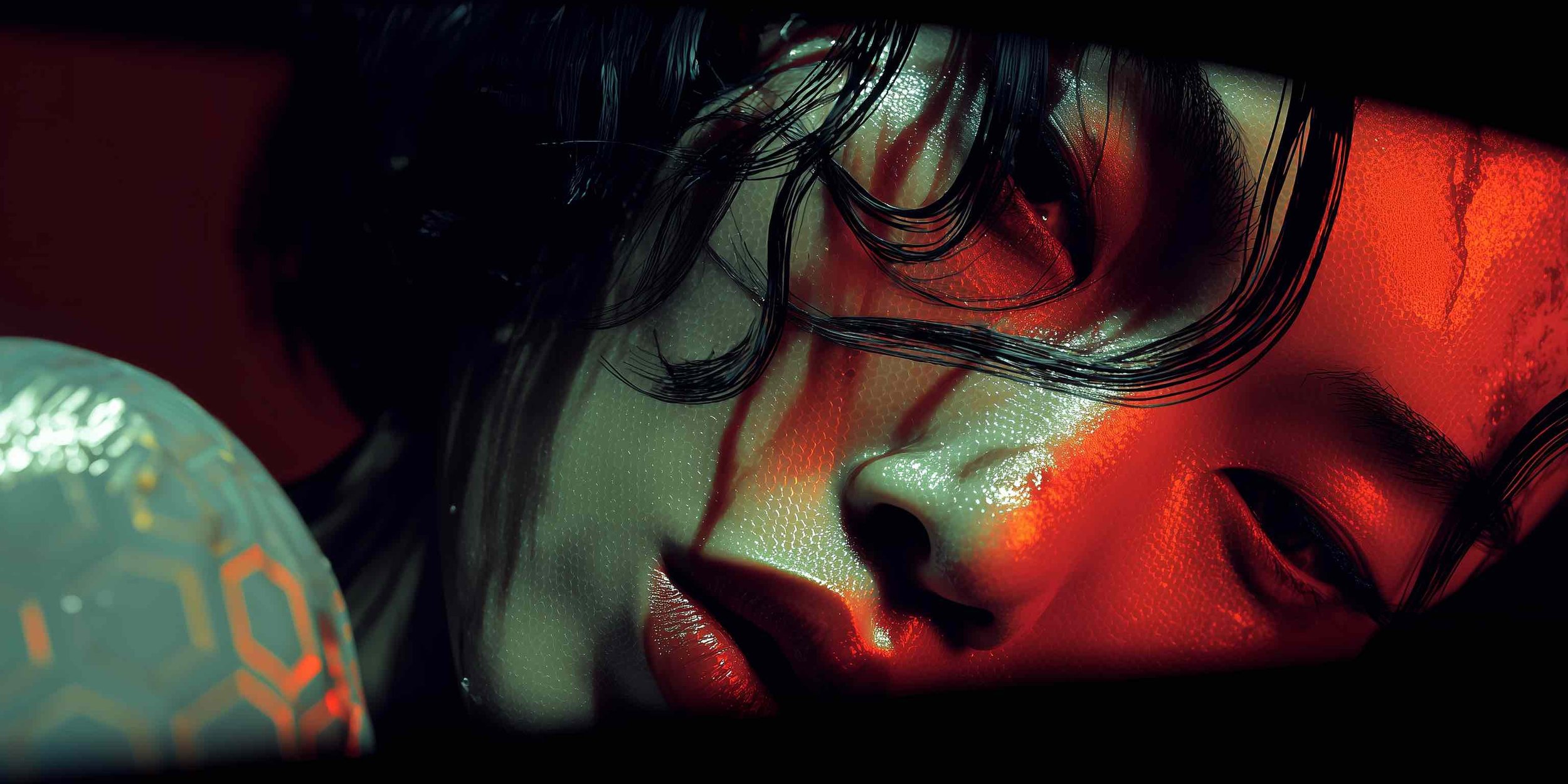 Close-up of a woman's face illuminated by red and green light, with wet hair and a futuristic appearance.