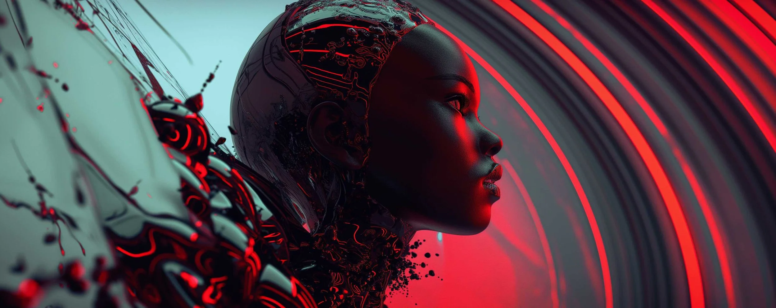 A digital artwork of a woman's profile with a futuristic, cybernetic design, illuminated with red and black neon lights and circular patterns.