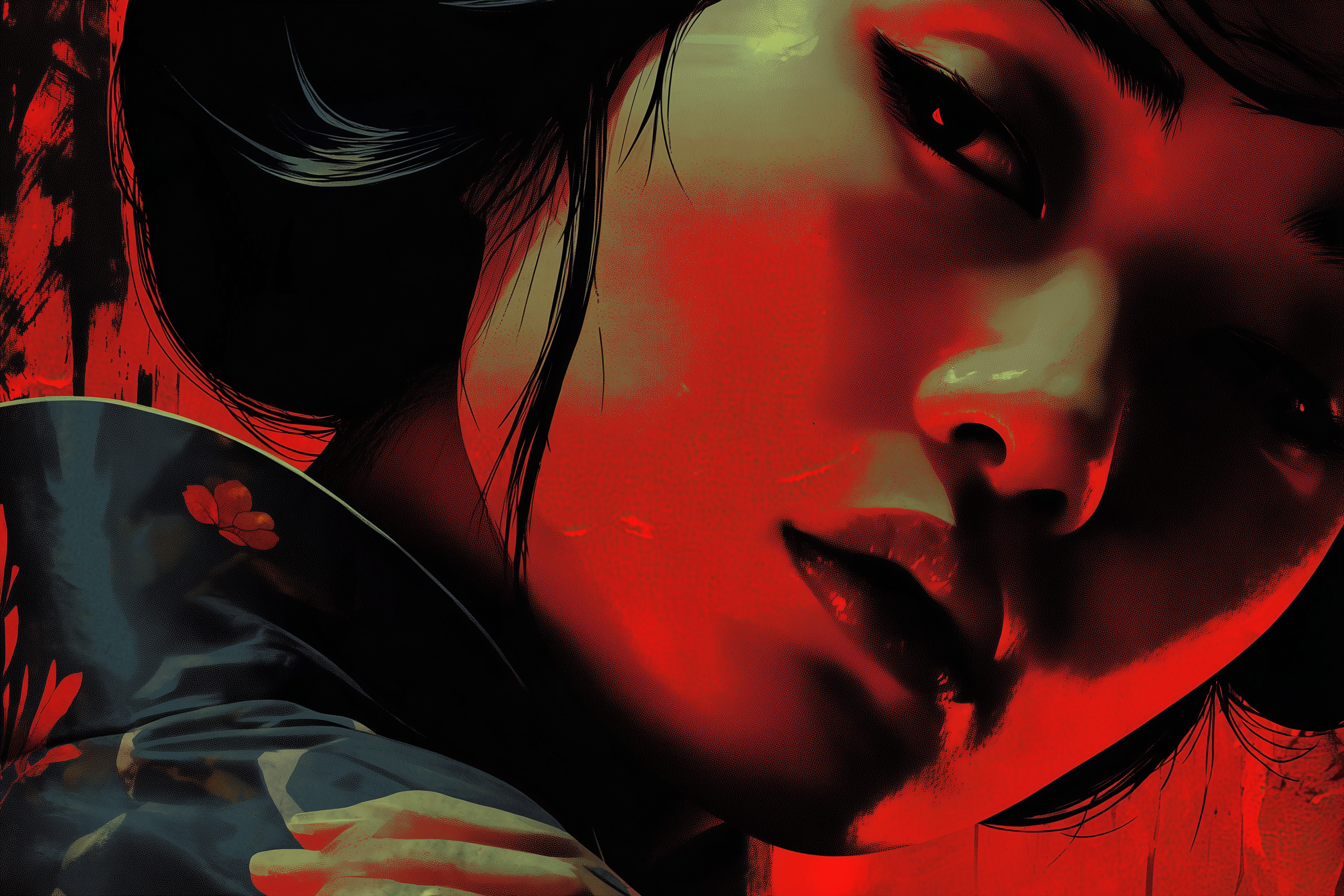 A digital illustration of an Asian woman with black hair and makeup, illuminated by red and green lighting, wearing a traditional kimono with floral patterns.