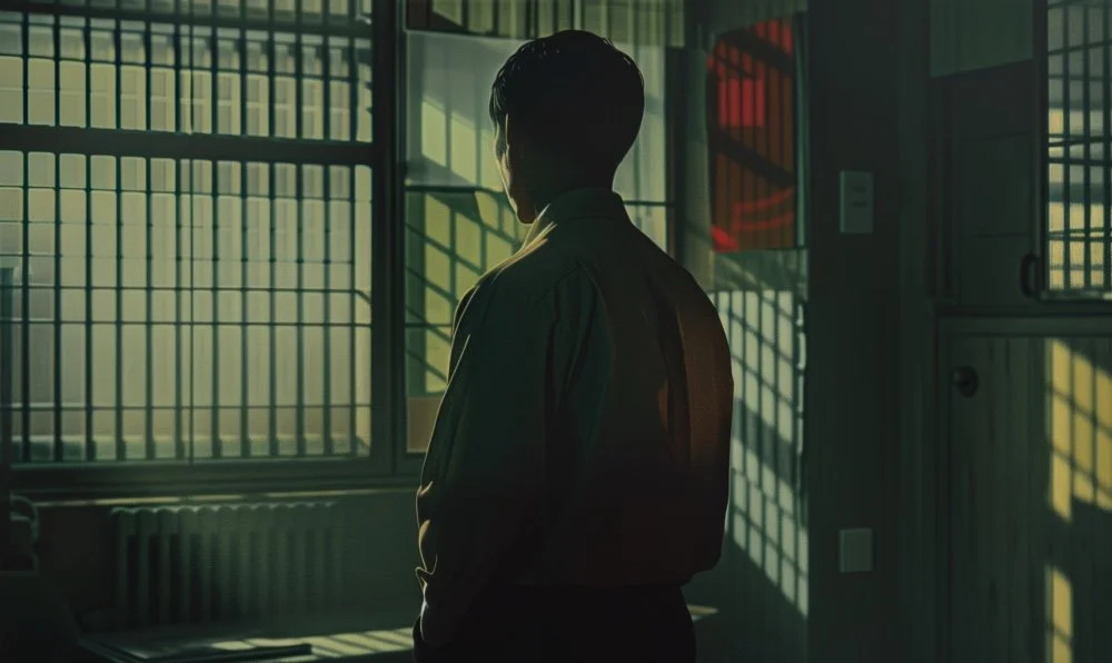A person is standing in front of barred windows, inside a room with shadows and light cast through the bars.