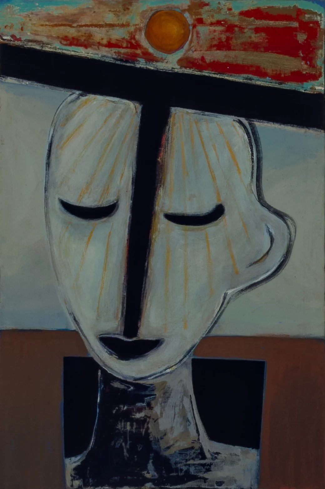 Abstract painting of a face with closed eyes, wearing a black hat with a yellow dot, using bold brush strokes and muted colors.