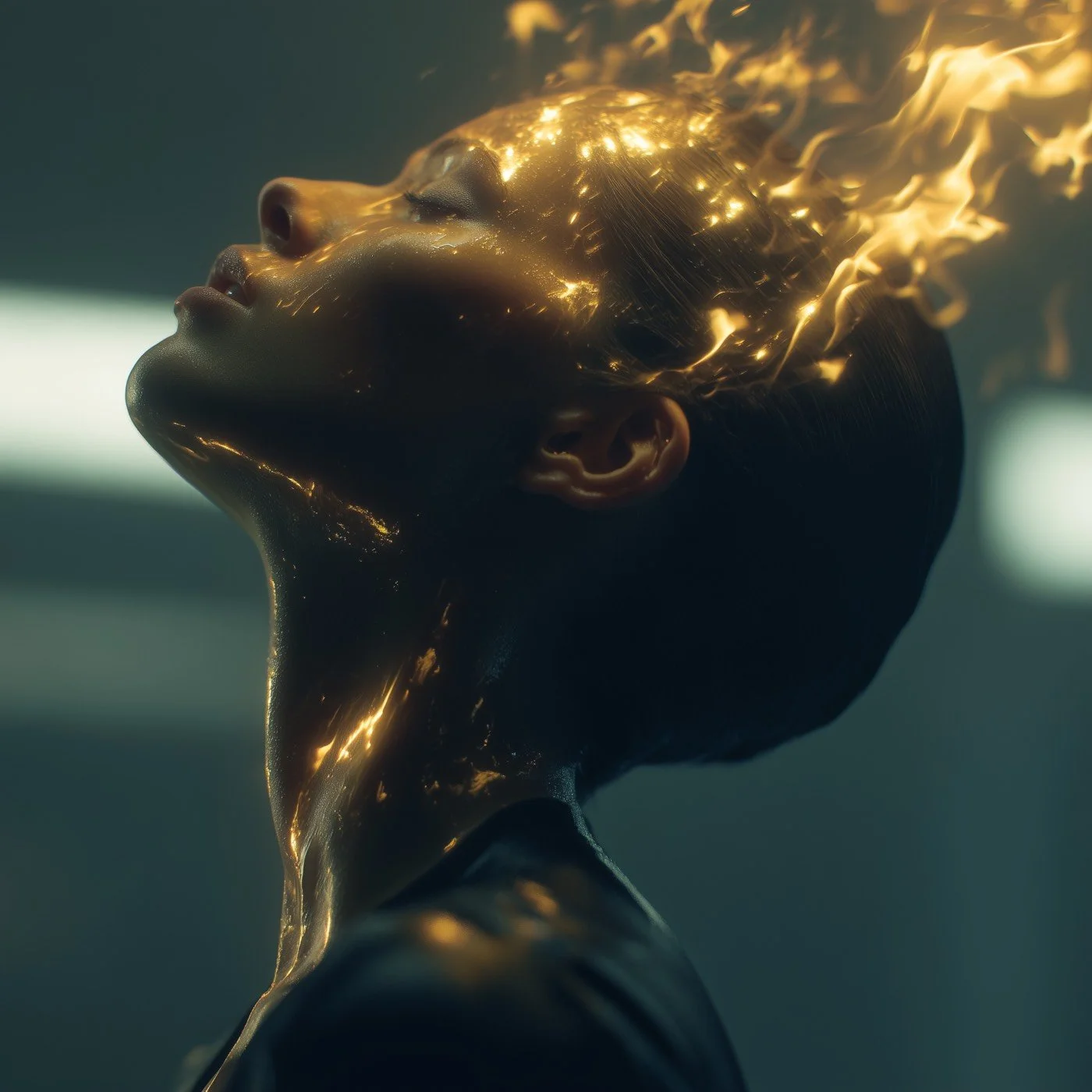 A close-up of a person with their head tilted back, eyes closed, with glowing gold light reflecting off their face and hair, creating a surreal, fiery effect.
