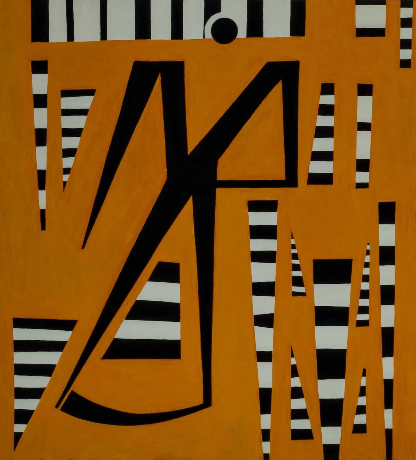 Abstract painting with black and white striped background, large orange shape, and bold black lines creating angular patterns.