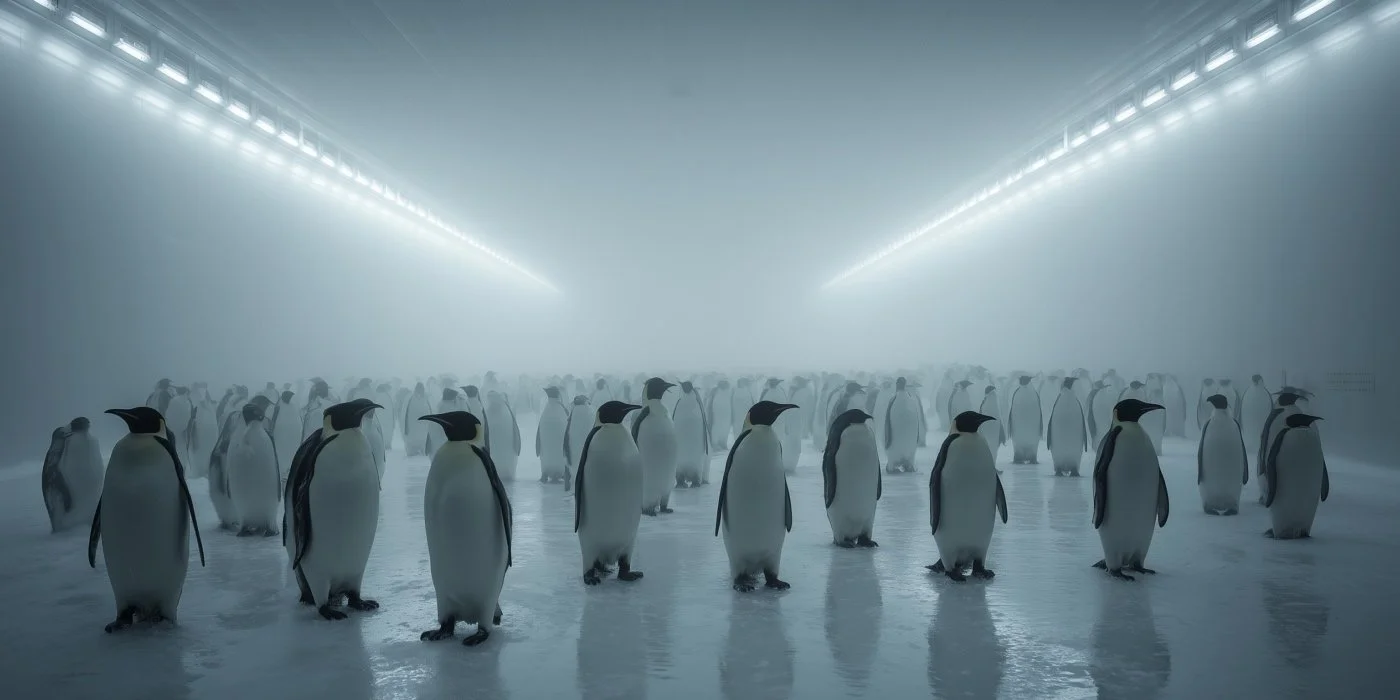 A large group of penguins standing on the ice inside a cold, foggy, and illuminated tunnel.