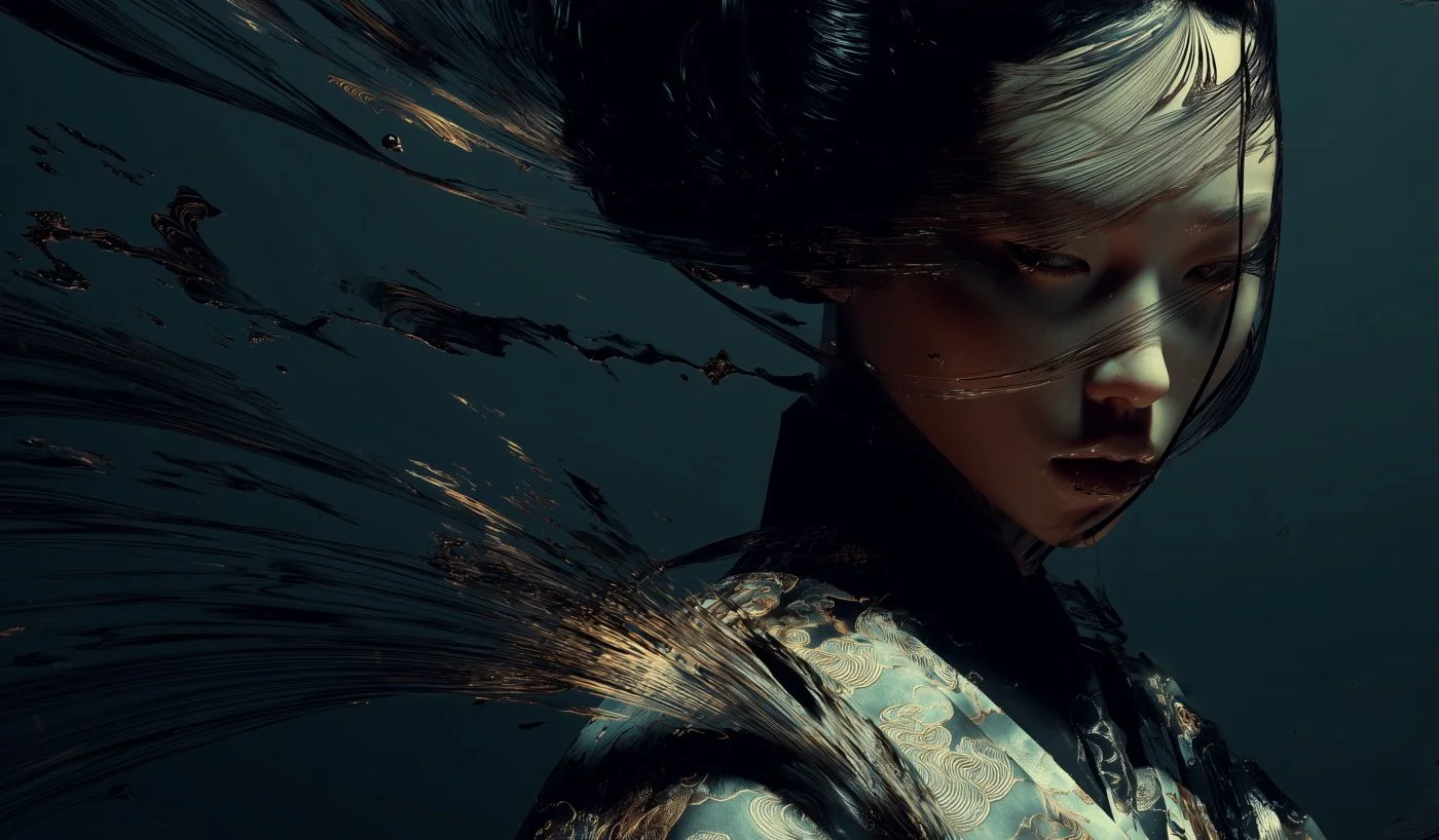 A woman with platinum blonde hair and traditional Asian attire, partially submerged in water with dark, flowing hair and a somber expression.