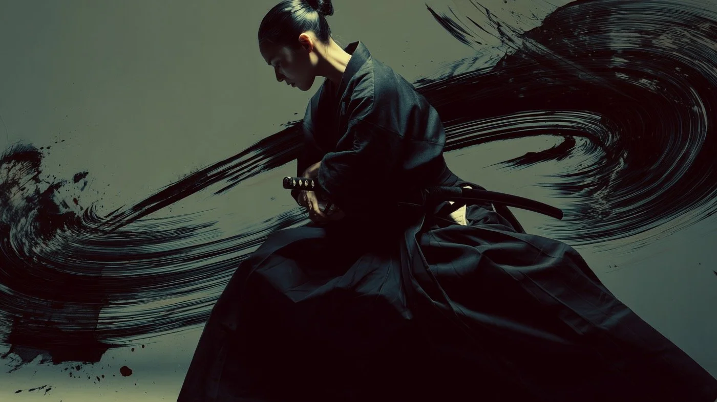 A woman dressed in traditional black martial arts clothing, holding a katana sword, sitting in a martial arts pose against a background with black ink brush strokes.