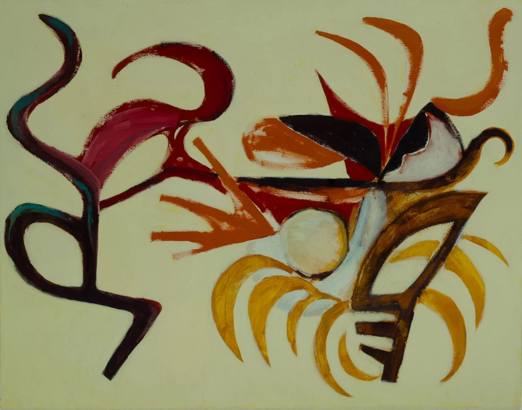 Abstract painting with bold, curved brushstrokes in red, black, orange, yellow, and white, featuring a white sphere and floral-like shapes.