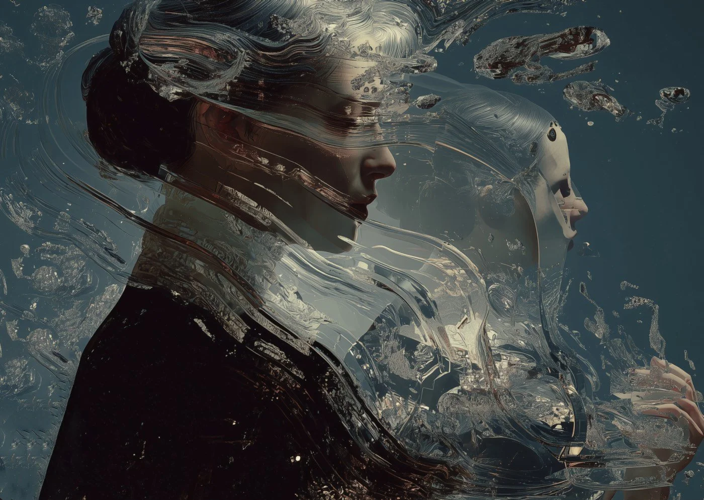 A woman with long dark hair is underwater, with water distorted around her face and hand.