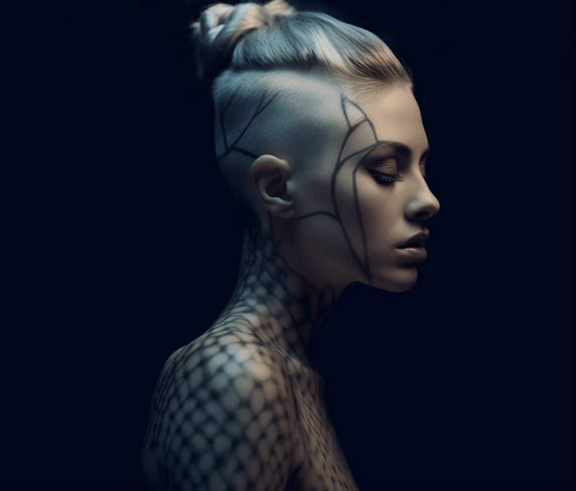 A woman with platinum blonde hair styled in an updo, side profile, with black geometric body paint on her face and body, set against a dark background.