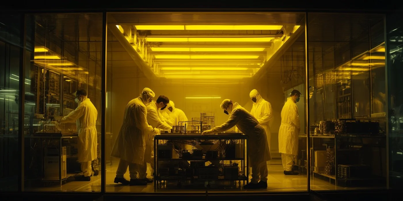Scientists in protective gear working in a high-tech laboratory with yellow lighting.