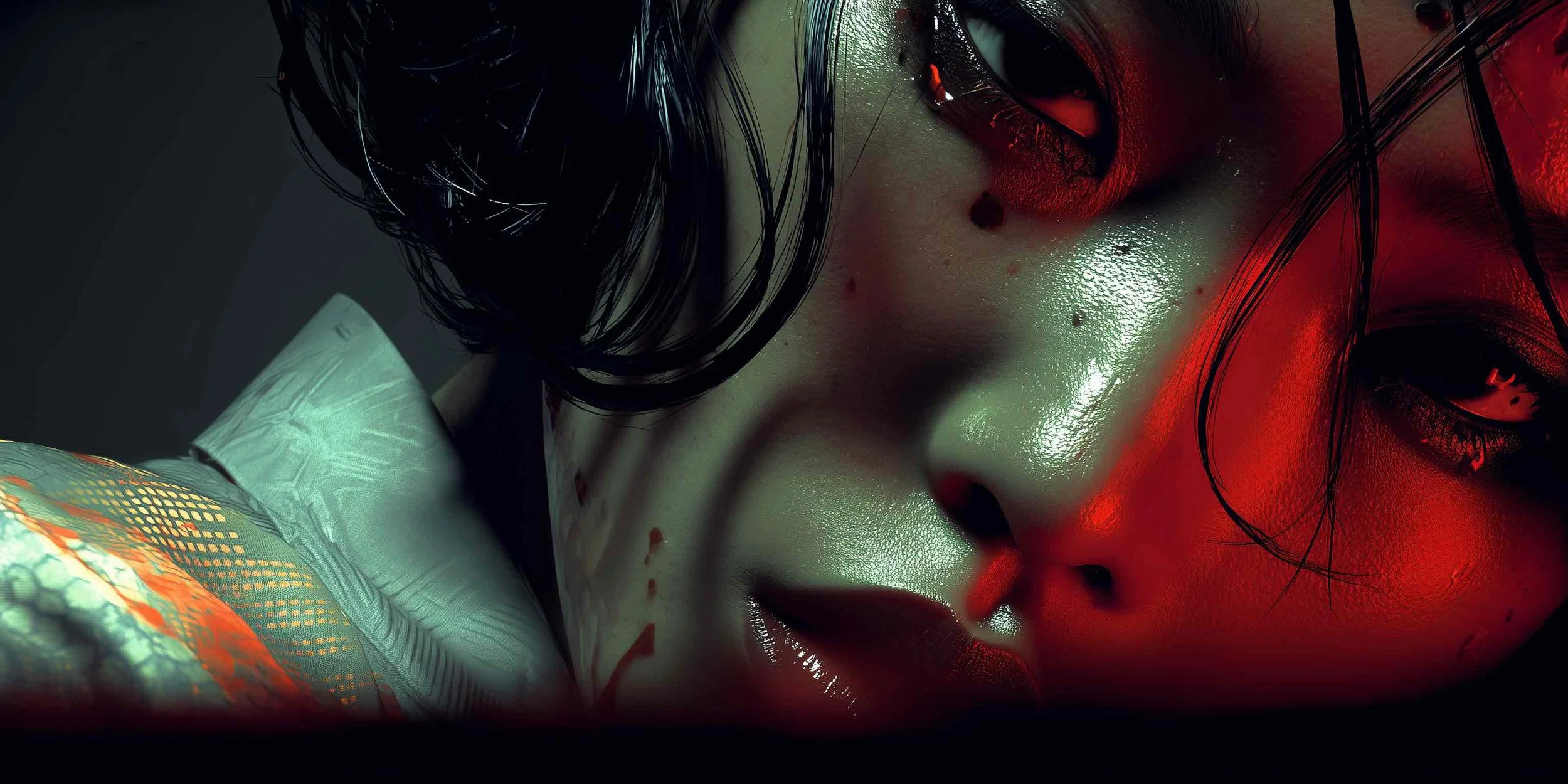 Close-up of a woman's face with wet hair, makeup, and blood splatters, illuminated with red and green lighting.