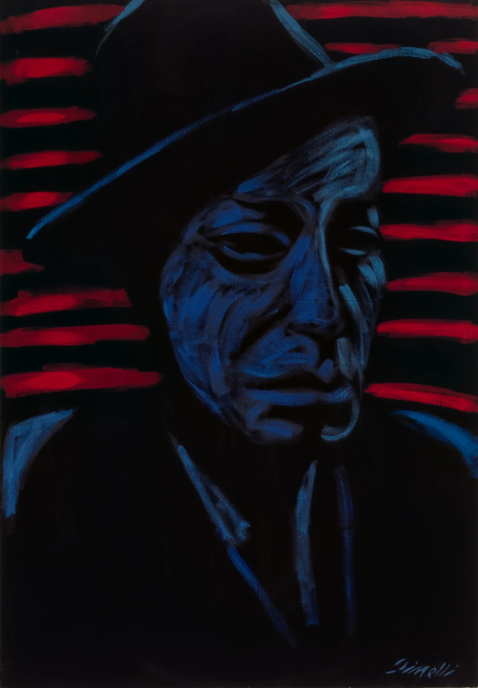 Painting of a man with a serious expression wearing a fedora hat, depicted with blue outlines against a black background with red horizontal streaks.