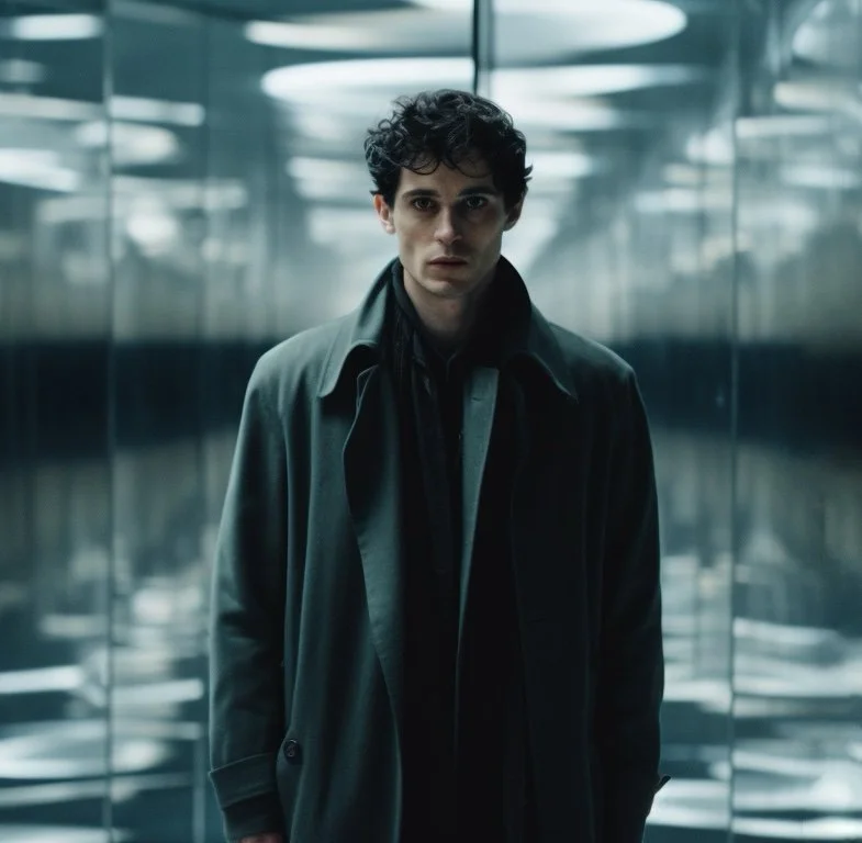 A young man with dark curly hair and pale skin standing in a metallic elevator. He has a serious expression, wearing a dark coat and shirt.