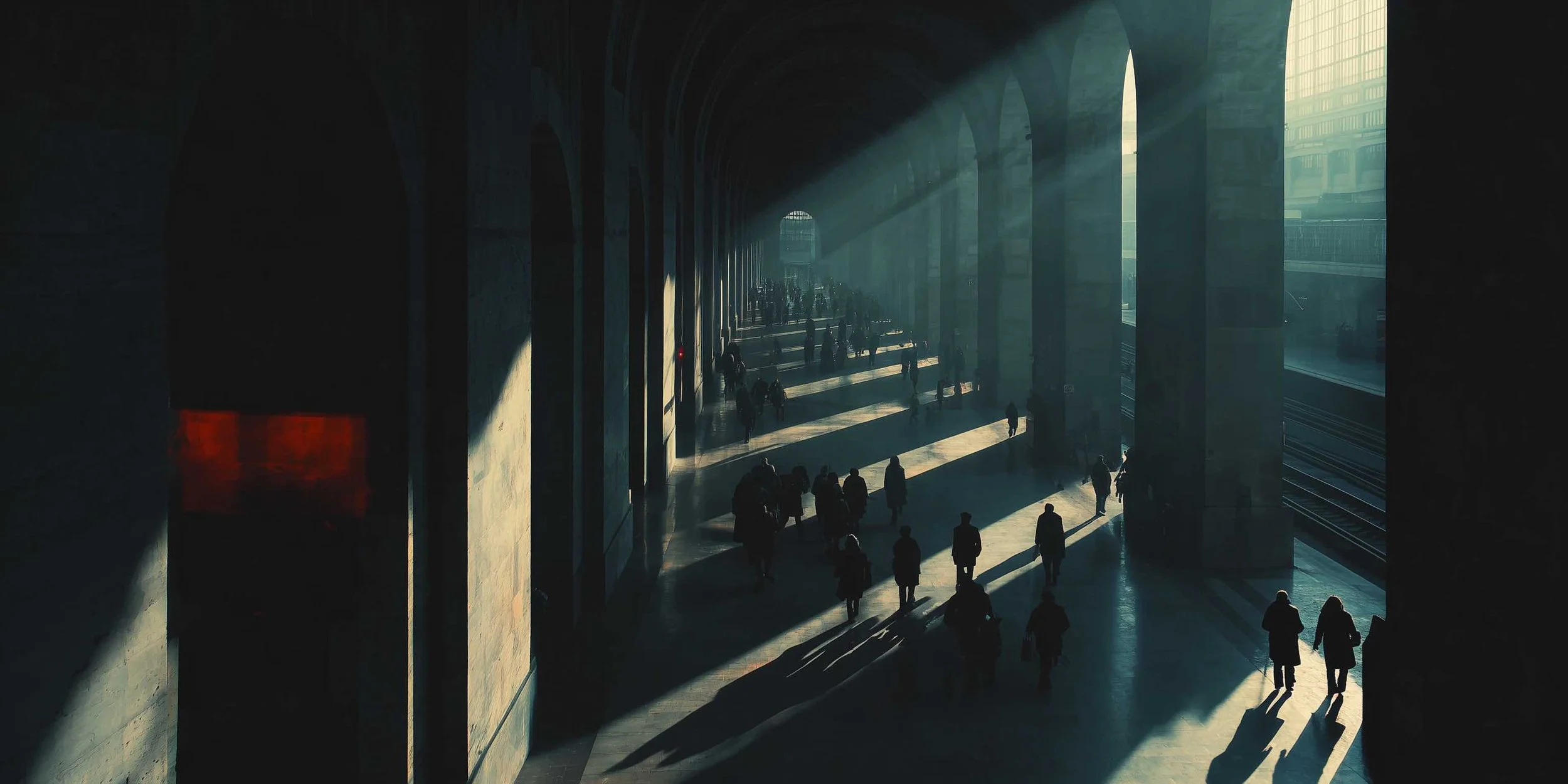 People walking through a large, arched train station with sunlight streaming in.
