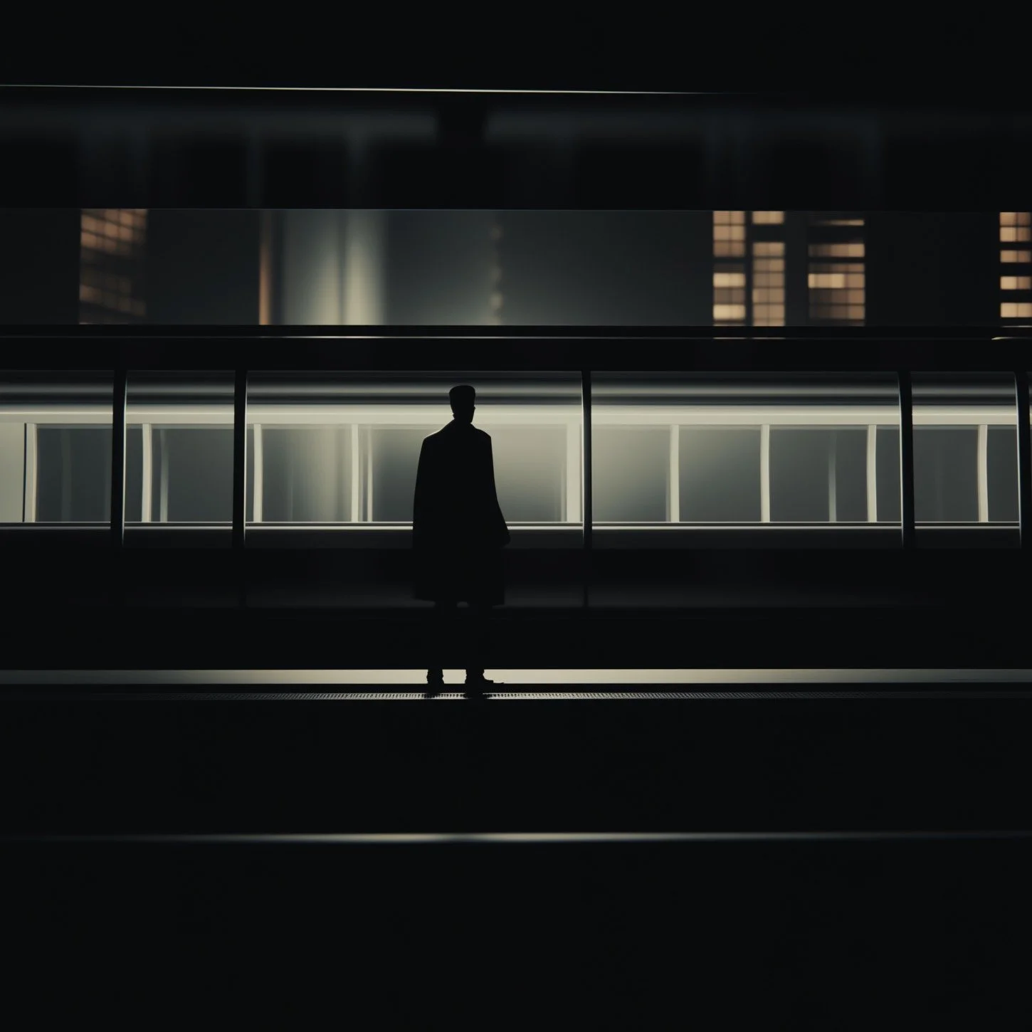 Silhouette of a person standing on a dark rooftop with a modern architectural background illuminated by bright lights.