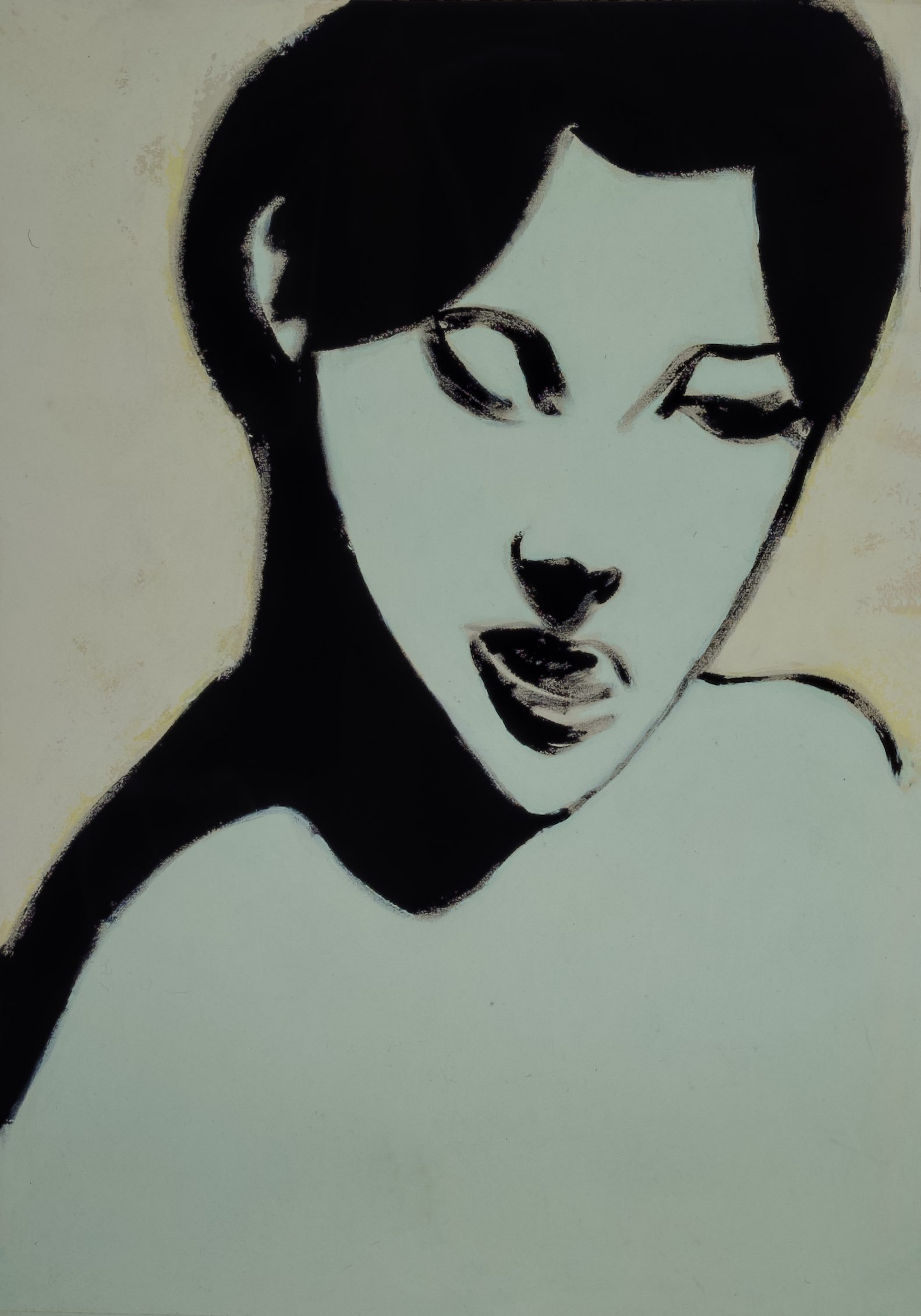 A black and white pop art-style portrait of a woman with short dark hair, closed eyes, and her mouth open as if she is singing or speaking.