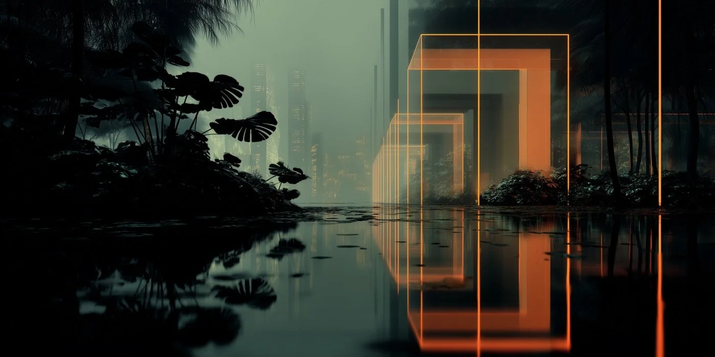 Futuristic cityscape with glowing orange geometric frames reflections on water, dark trees silhouettes, and a misty atmosphere.