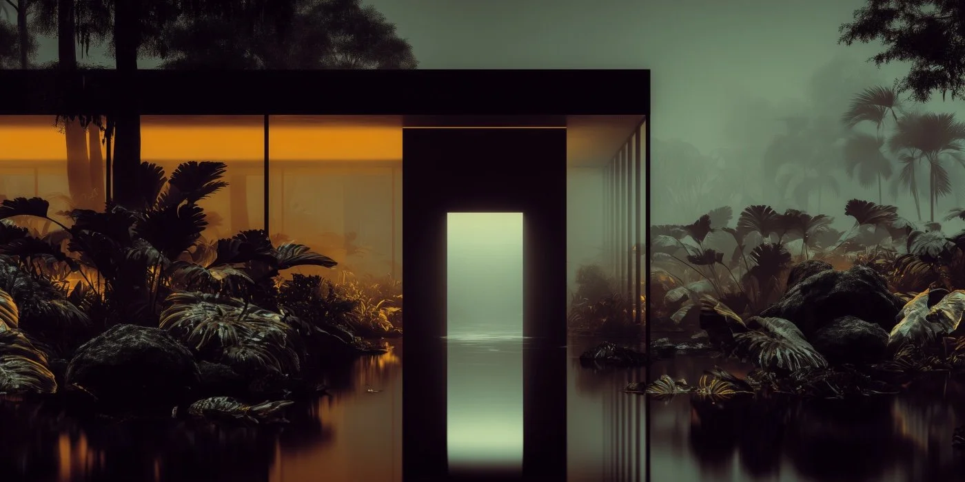 A modern building with large glass windows surrounded by lush greenery and rocks, reflected in water, with a glowing doorway in the center.