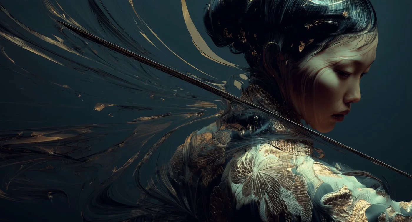 A woman with Asian features in a dark, artistic setting, wearing traditional clothing with intricate butterfly patterns, with her hair styled elegantly. The image has a surreal and abstract aesthetic.