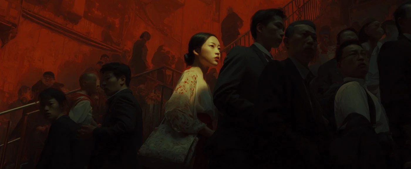 People standing in a line indoors with a woman looking away, illuminated by a warm orange light.