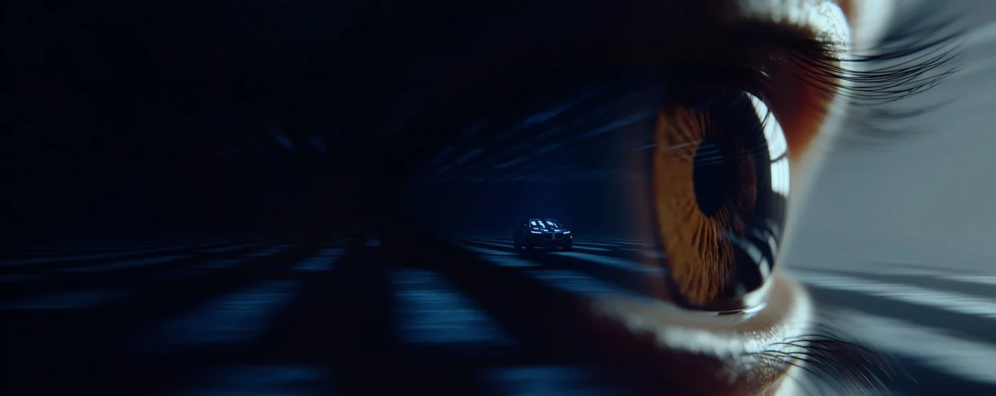 Close-up of a human eye with a reflection of a car in the iris, on a dark background.
