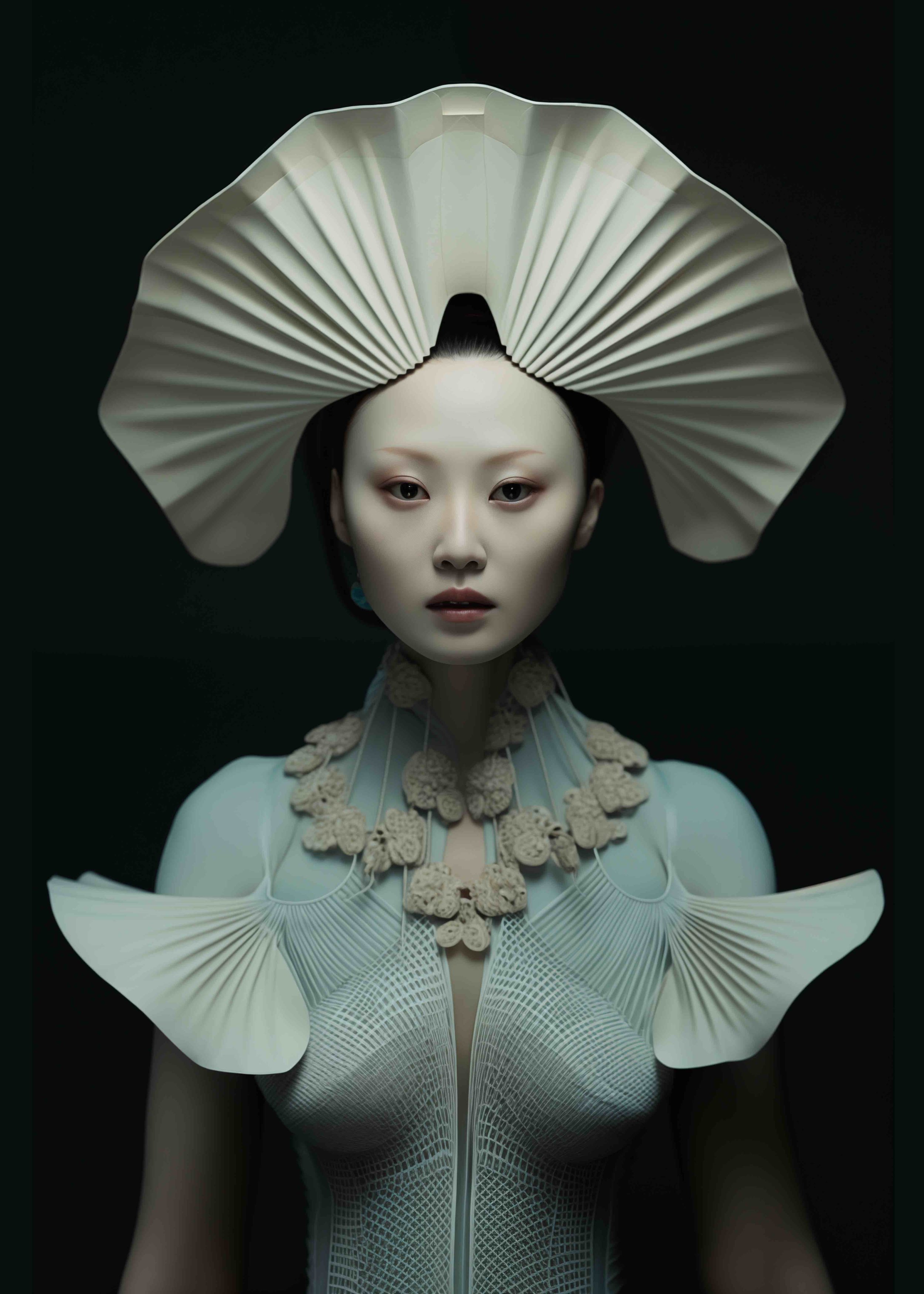 A woman wearing an elaborate headpiece and clothing made of paper or similar material, with intricate designs and textures, against a dark background.