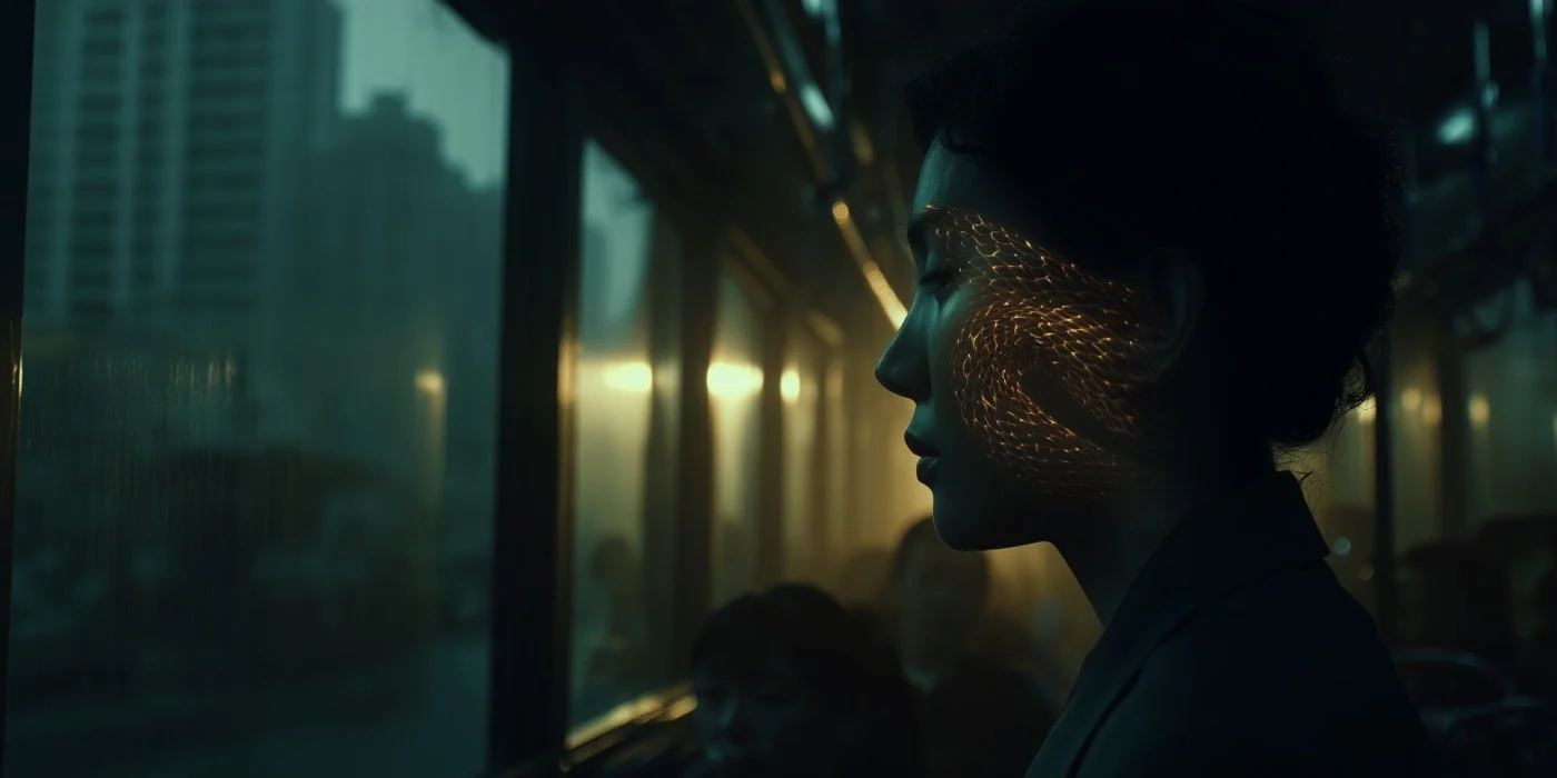 A woman with an illuminated, snake-like pattern on her face, sitting in a dark bus at dusk, with city buildings visible through the window.