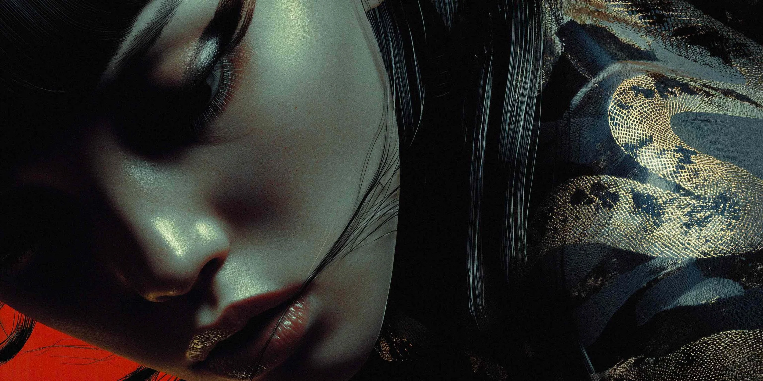 Close-up of a woman's face with makeup, black hair, and a glossy red lip, reflecting in a mirror with a digital or holographic pattern on her shoulder.