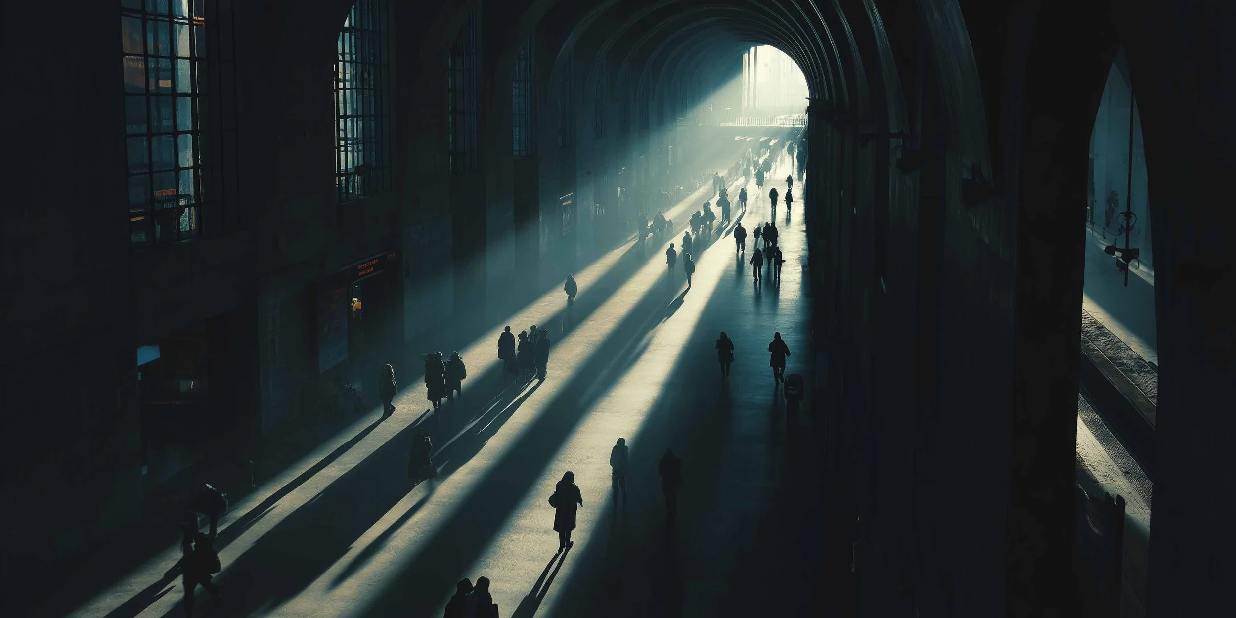 People walking inside a train station with sunlight filtering through arched windows, casting long shadows on the floor.