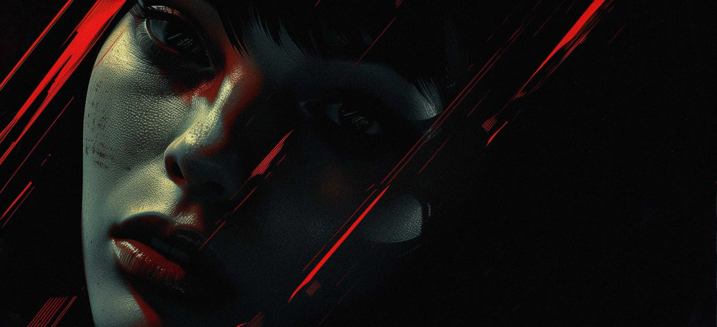 Close-up of a woman's face with red lips, dark eye makeup, and short dark hair, set against a dark background with red streaks.