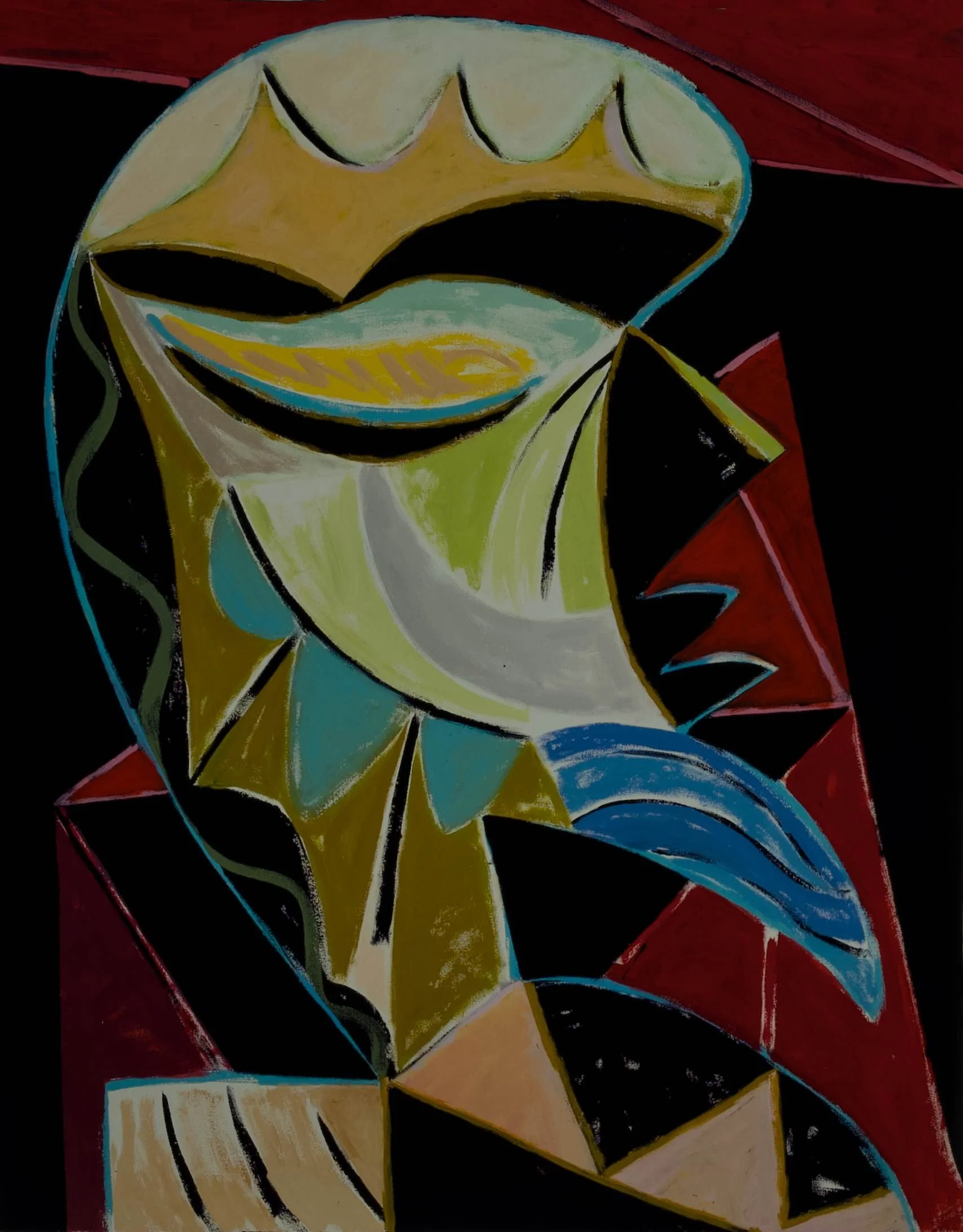 Abstract painting of a stylized face with bold outlines, smiling lips, and a blue eye, featuring bright yellow, blue, black, and red colors.