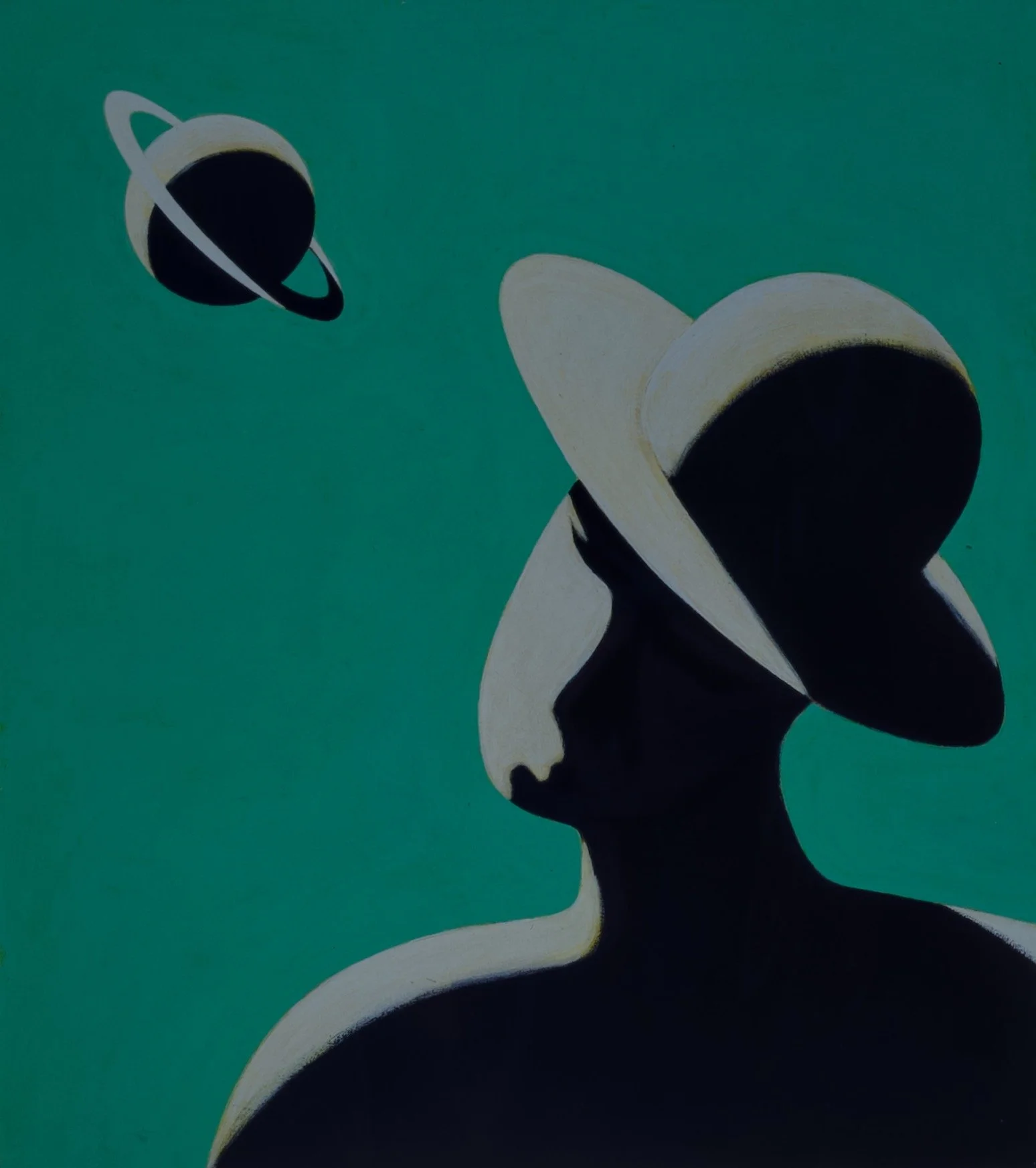 Silhouette of a woman wearing a large sunhat against a teal background, with a planet with rings floating above her head.
