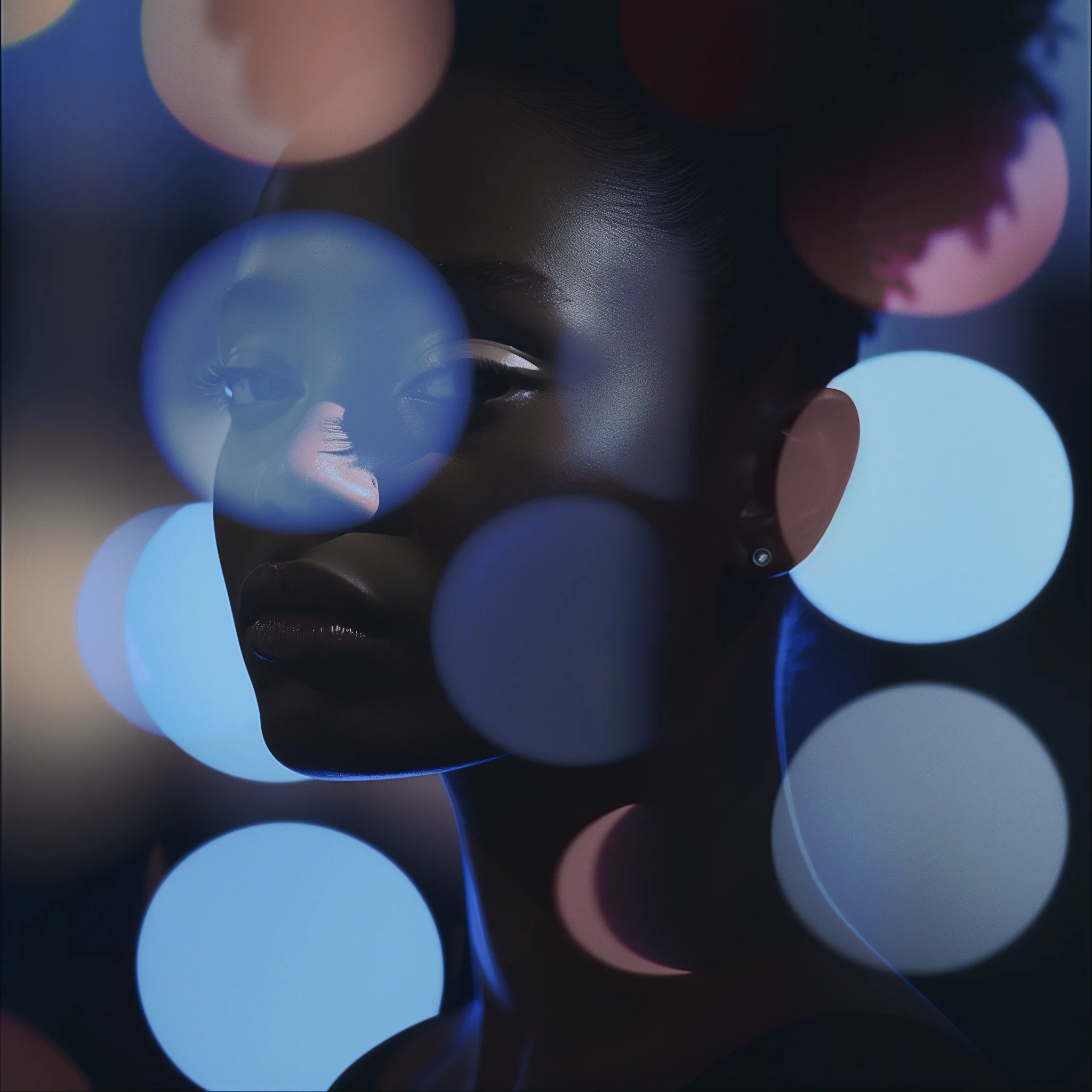 A close-up portrait of a woman with dark skin and short hair, surrounded by colorful bokeh lights in shades of blue, pink, and purple.