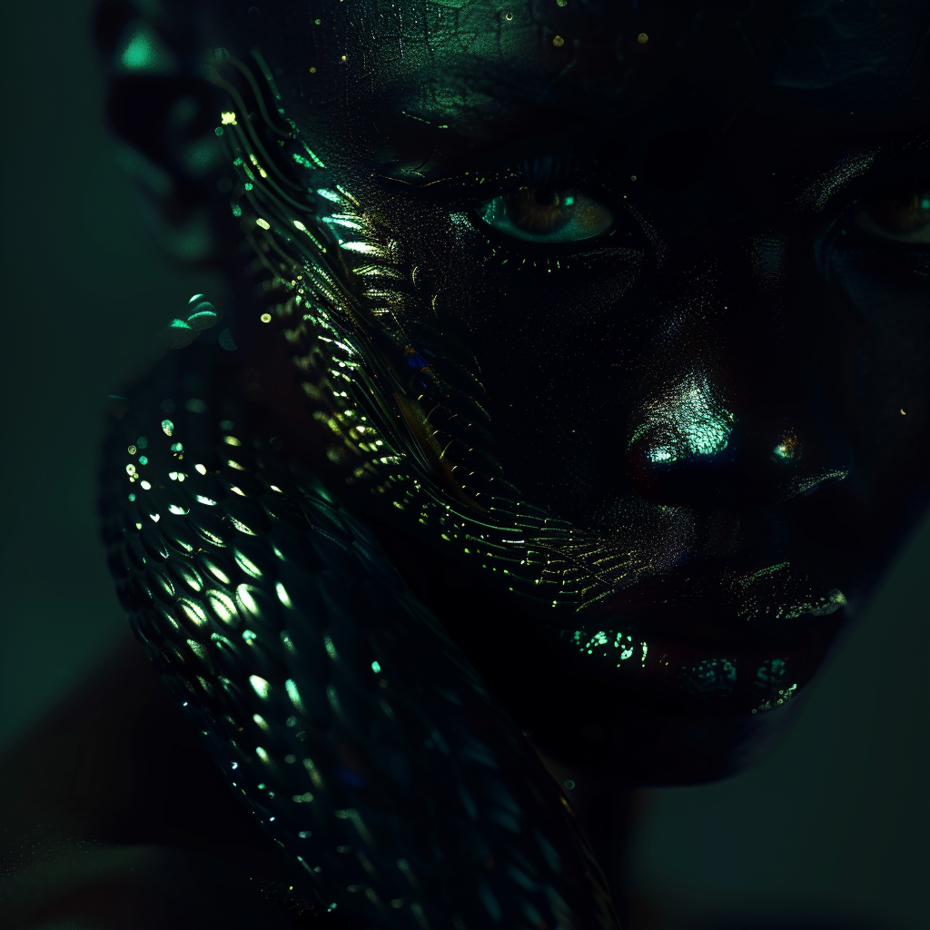 A close-up of a person's face with a dark, futuristic appearance, illuminated by green and blue glowing accents, with a cybernetic or digital aesthetic.