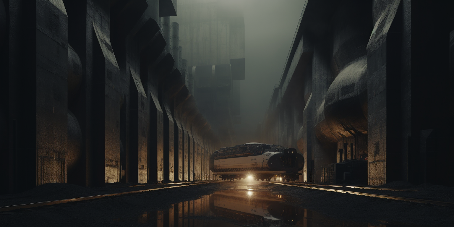 A futuristic train inside a large industrial tunnel with dark, metallic walls and no visible windows, illuminated by a bright headlight at the front.