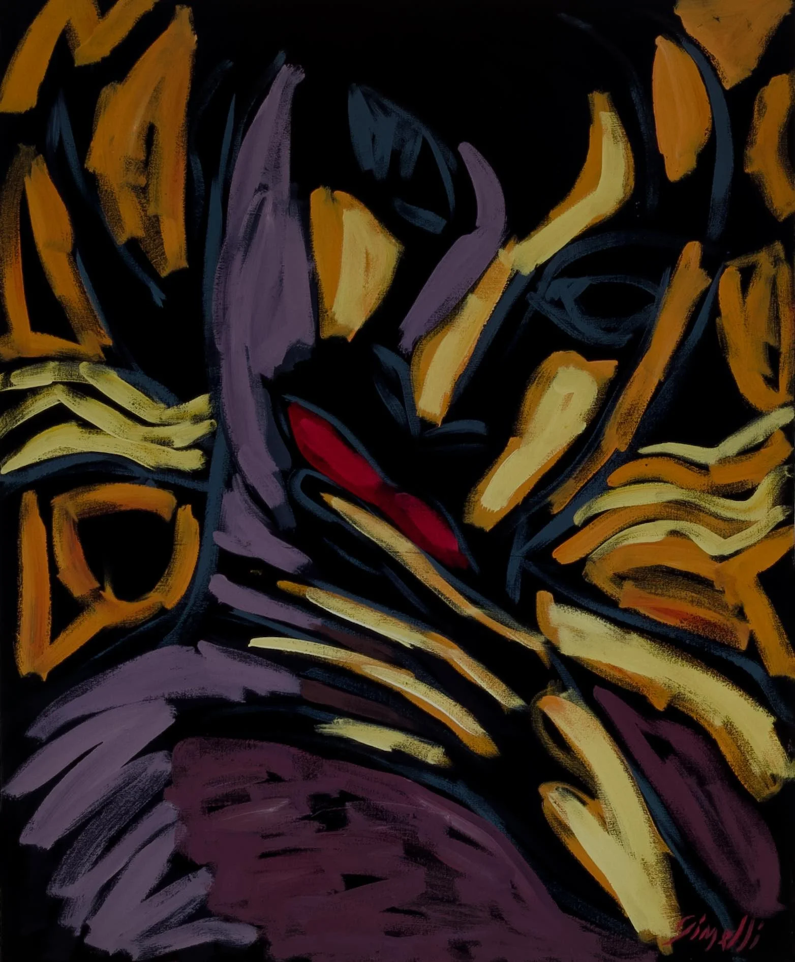 Abstract painting of a woman with a red lipstick, dark hair, in front of a yellow, black, and purple background.