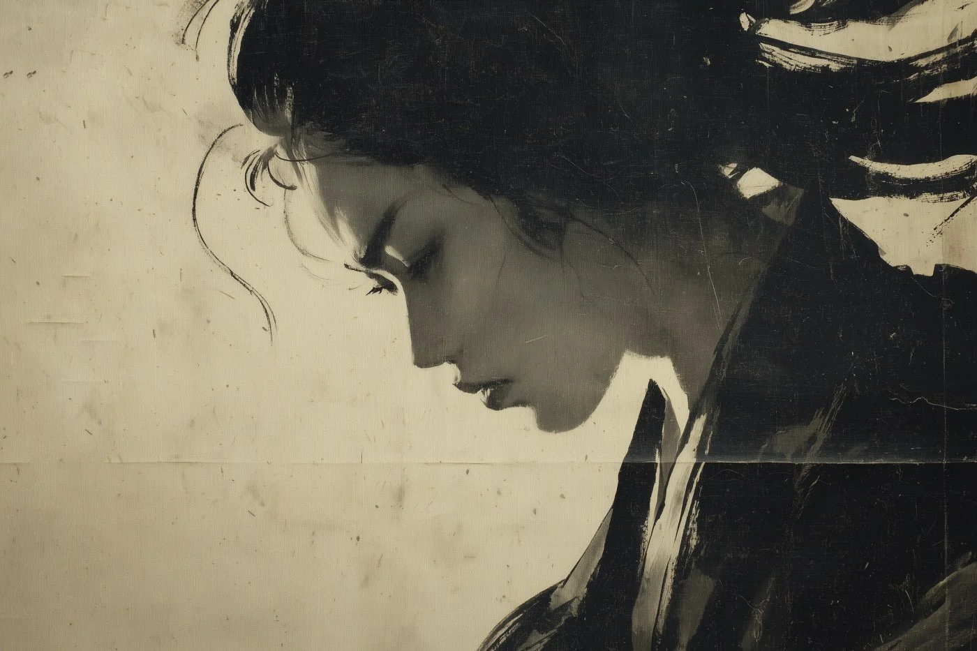 Black and white portrait of a woman with her eyes closed, featuring detailed shading and brushstrokes.