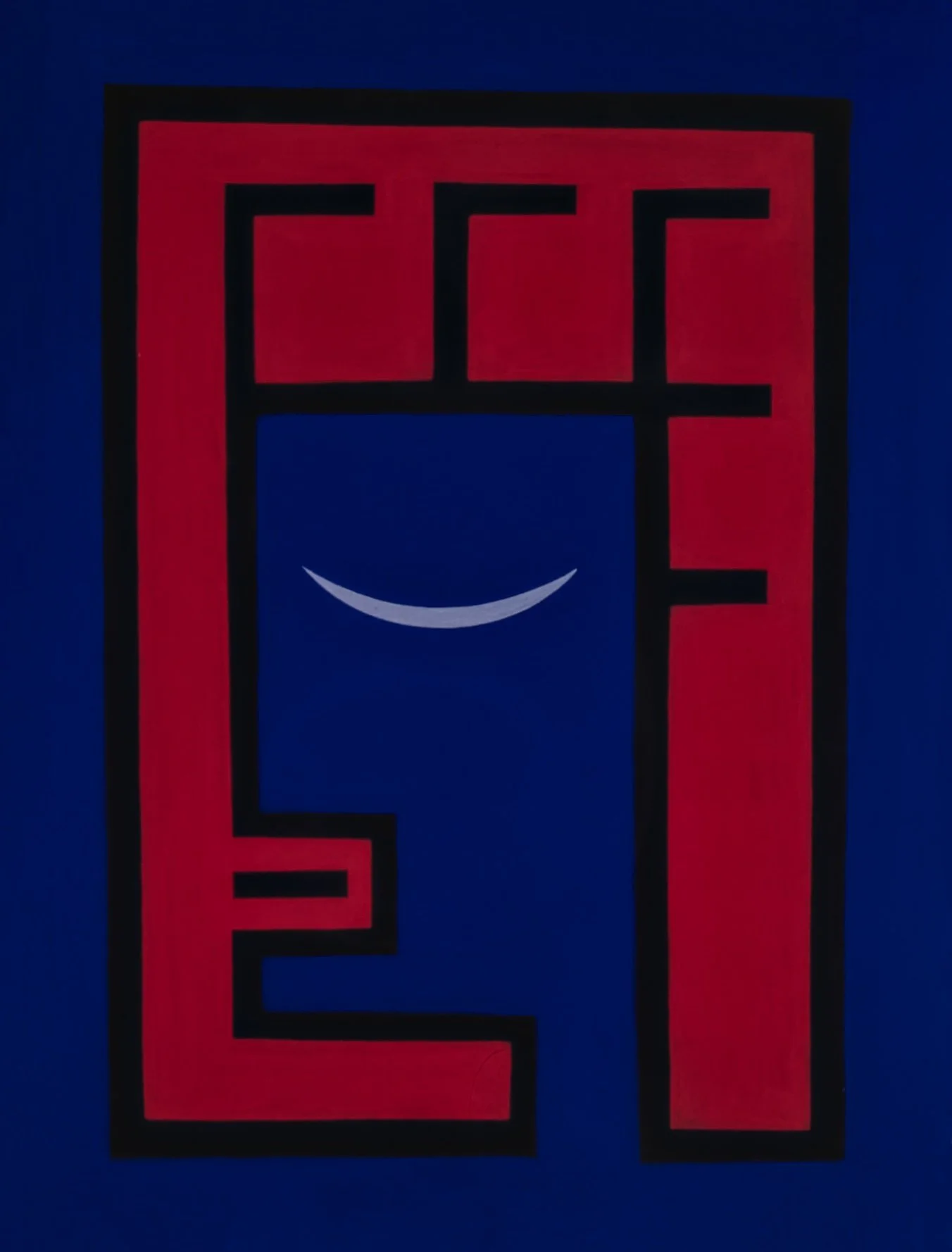 Abstract artwork with a smiling face created from geometric shapes and bold lines in red, black, and blue colors.