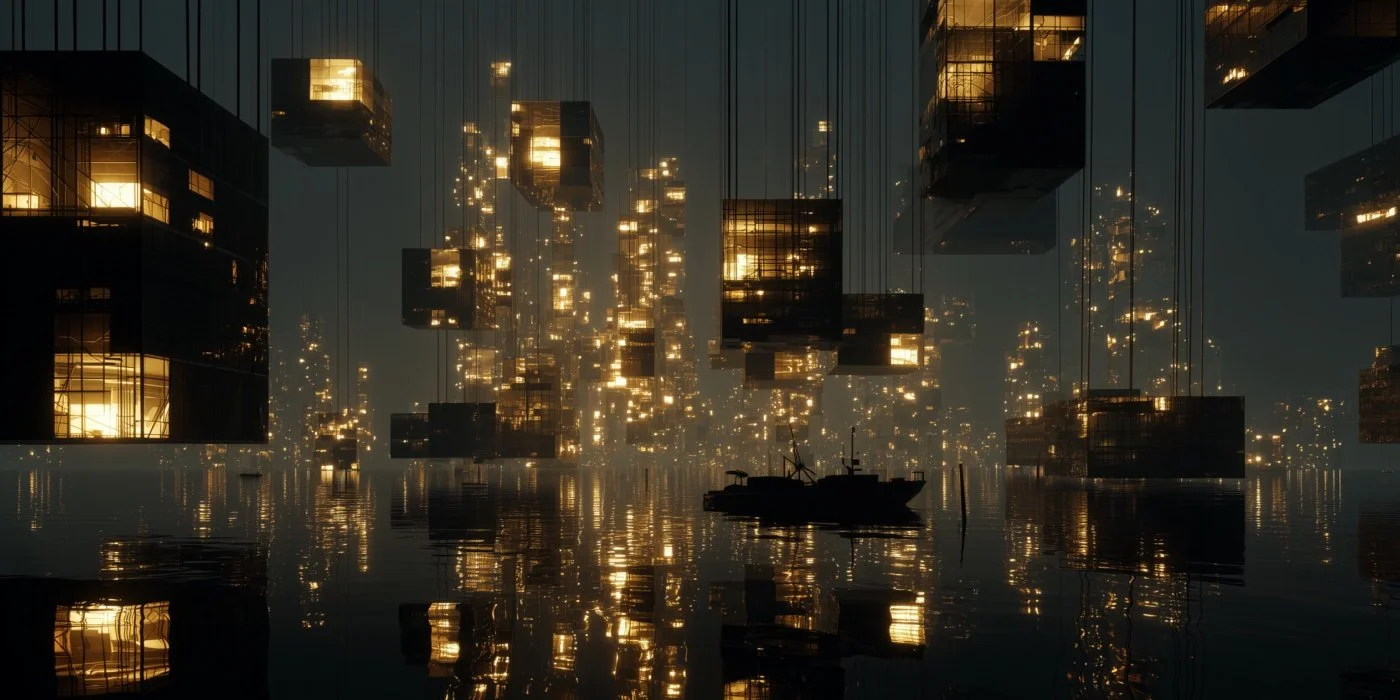 A futuristic night scene with multiple illuminated cubic buildings suspended above water, reflecting their lights. A boat floats in the foreground, and the background is dark with the city lights reflecting off the water.