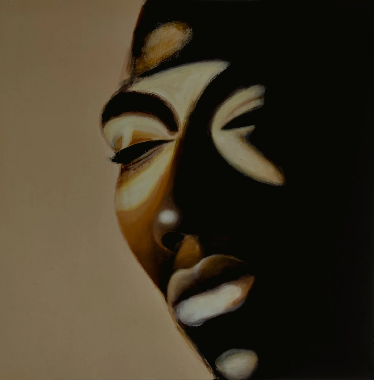Abstract painting of a face with closed eyes, painted in shades of black, white, and gold.