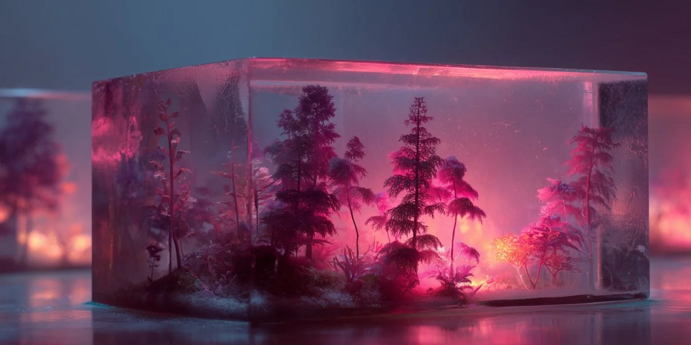 Miniature forest scene encased in a clear glass or acrylic block, illuminated with pink and purple lighting to highlight small trees and foliage.