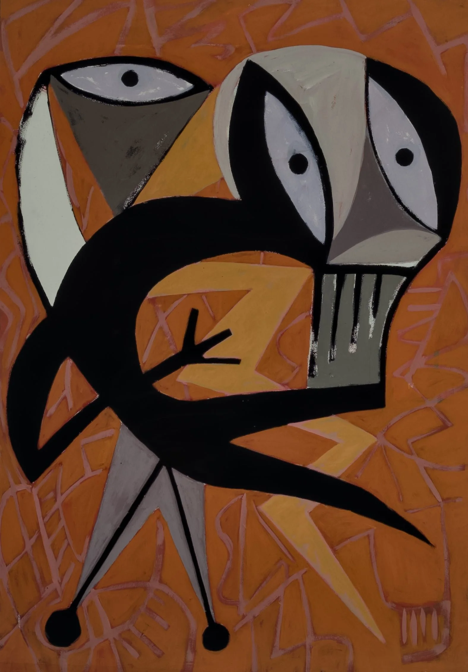 Abstract painting featuring large eyes and a stylized black bird with long legs and a curved beak against an orange background with pink and purple graffiti-style lines.