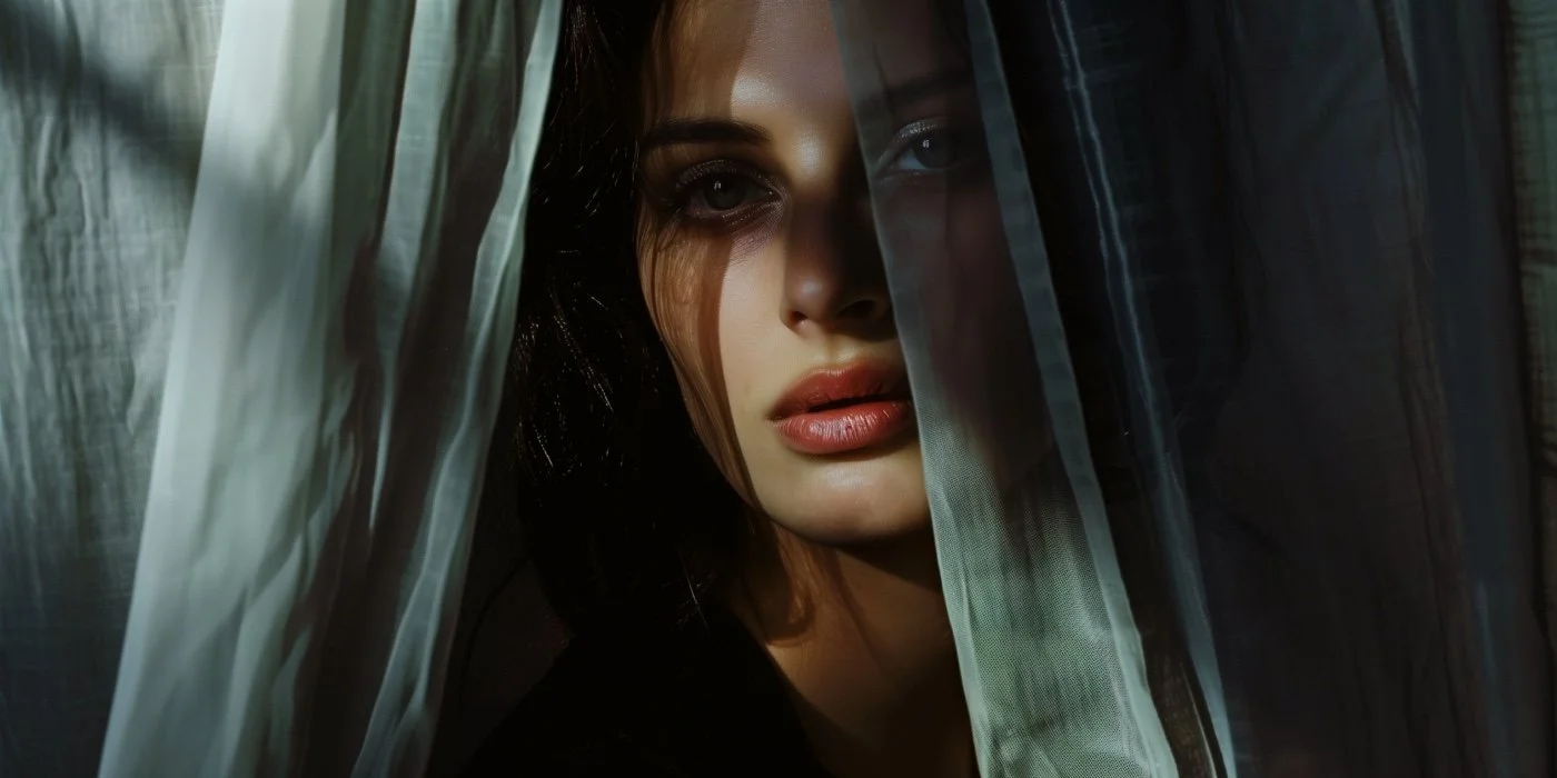 A woman with dark hair and makeup looks through semi-transparent curtains with one side covering part of her face.
