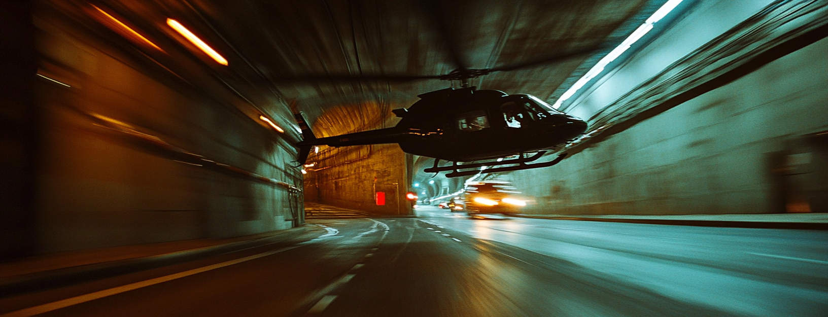A helicopter flying through a tunnel at night with cars on the road.