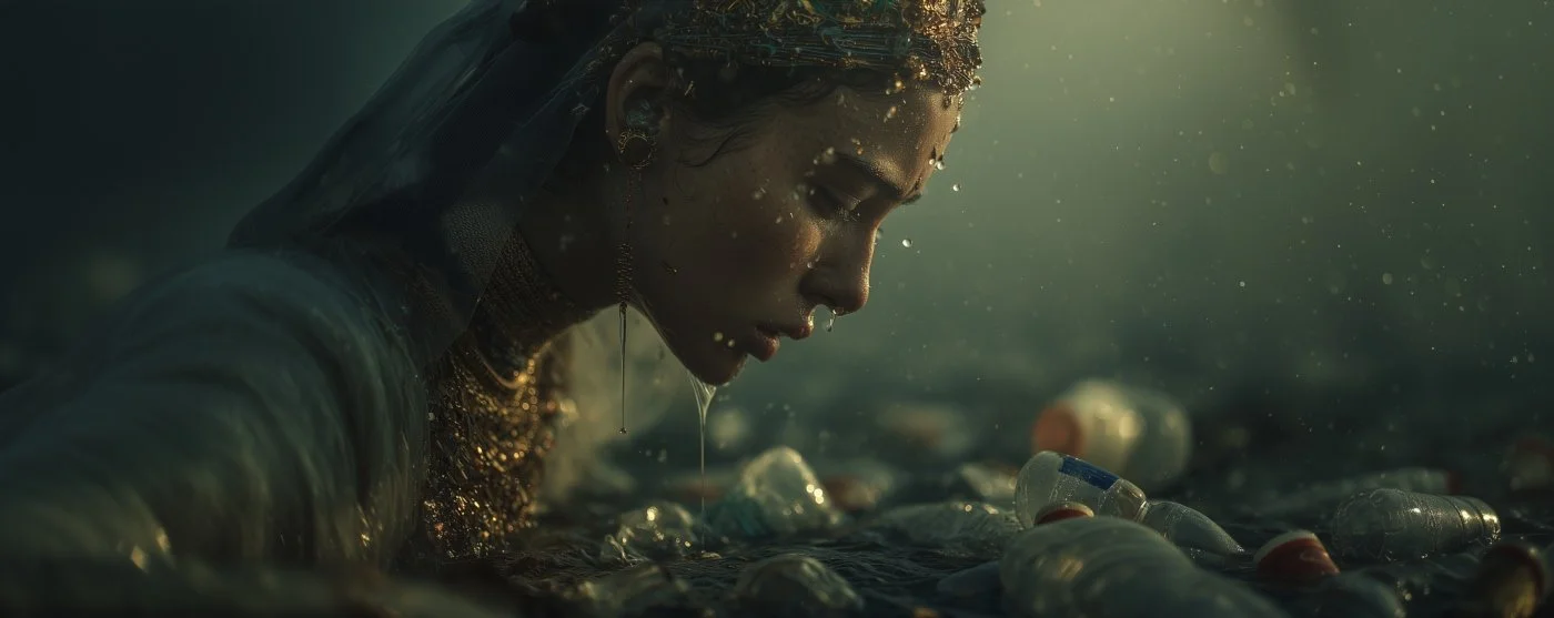A woman underwater surrounded by scattered plastic bottles, with her eyes closed and hair floating around her face.