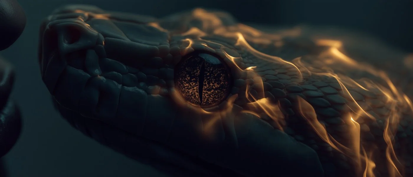 Close-up of a dragon's eye with glowing, fiery accents on dark scales.