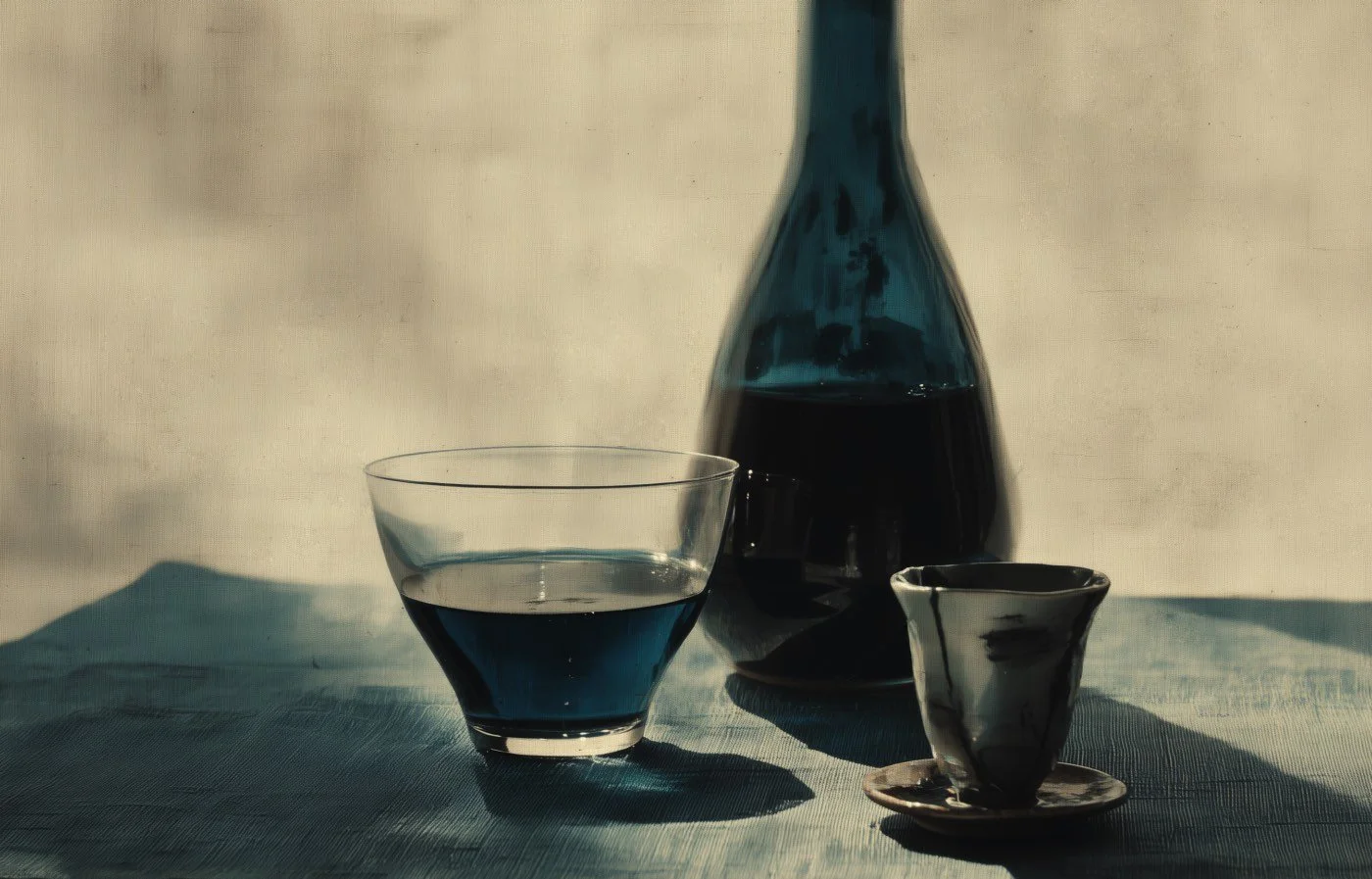 A still life composition with a glass of dark liquid, a blue-tinted bottle, and a small ceramic cup on a textured surface with soft lighting.